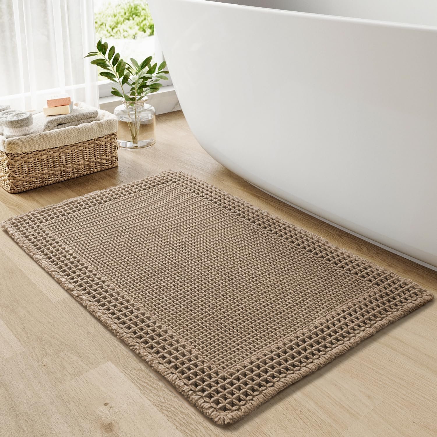 RESARE Waffle Bath Mat for Bathroom, Super Absorbent Bathroom Rugs Non Slip Machine Washable, Ultra Soft Quick Dry Boho Bath Rugs with Tassels, Farmhouse Home Decor Accessories, 17″x24″ Brown