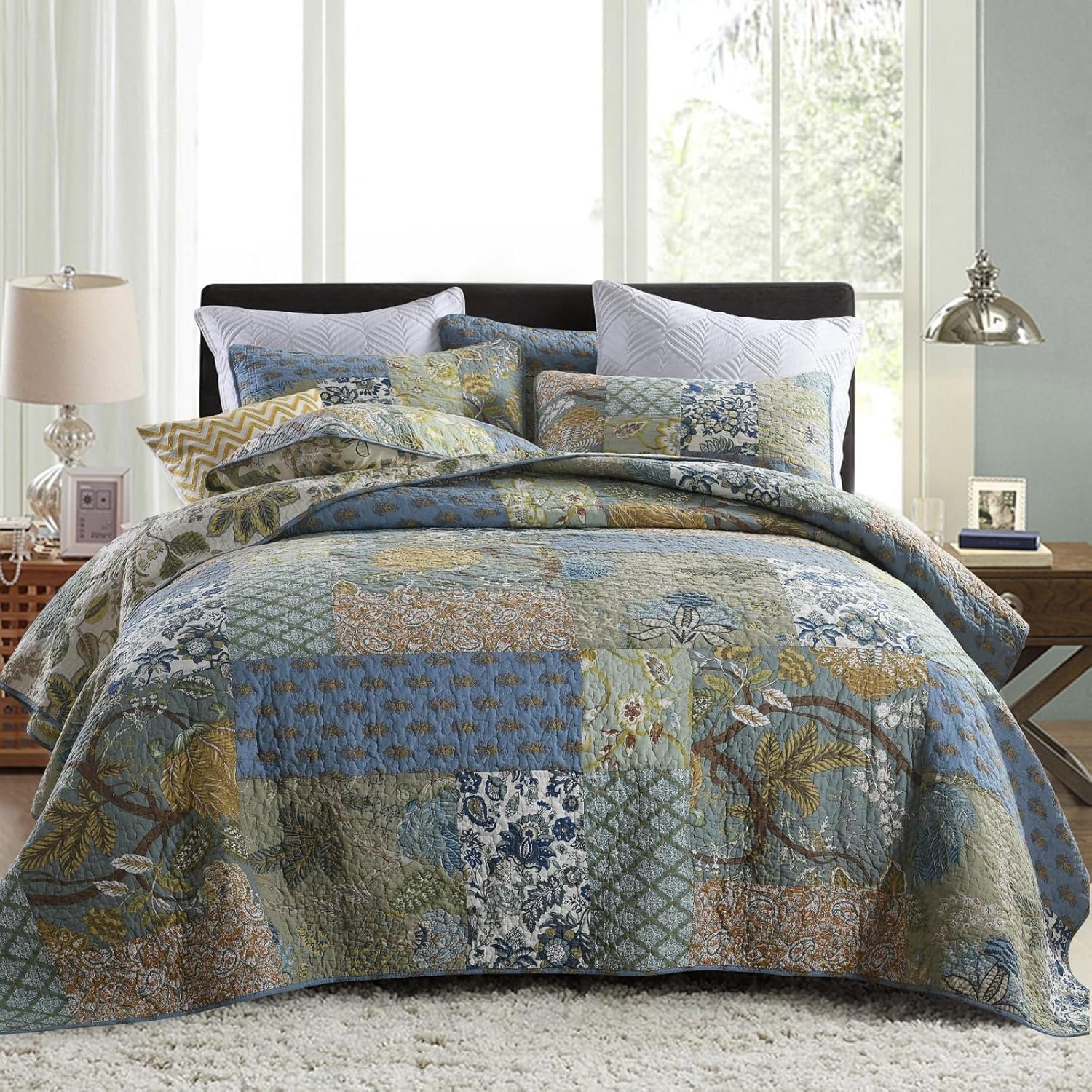 Secgo Queen Comforter Set for Bed – 100% Cotton Quilts Queen Size, Green, Sage Bedspreads (90 * 98 Inch) with 2 Pillow Shams, Patchwork Reversible Lightweight Bedding