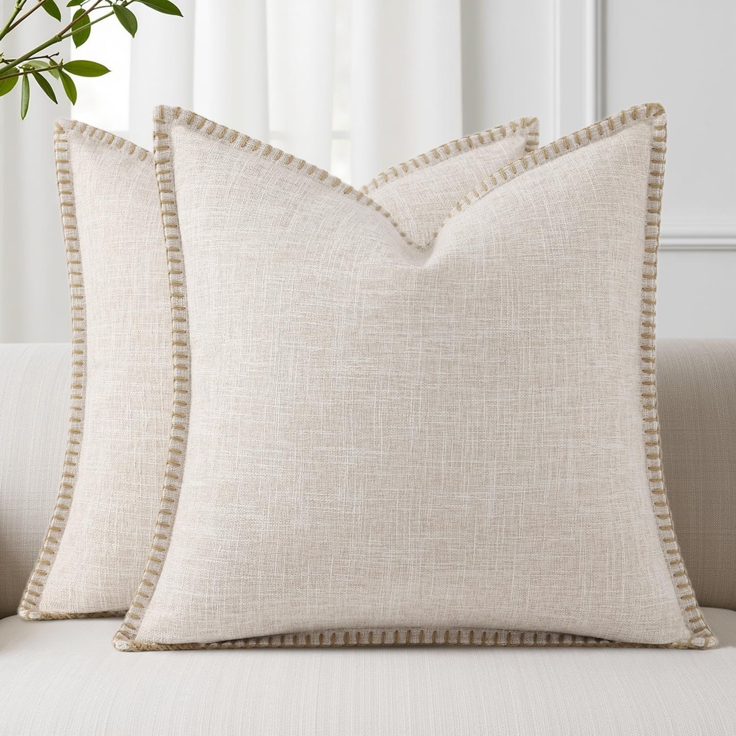 decorUhome Summer Decorative Throw Pillow Covers 18×18 Set of 2 Square Faux Linen Outdoor Neutral Farmhouse Pillow Covers with Stitched Edge for Couch Sofa Living Room, Beige