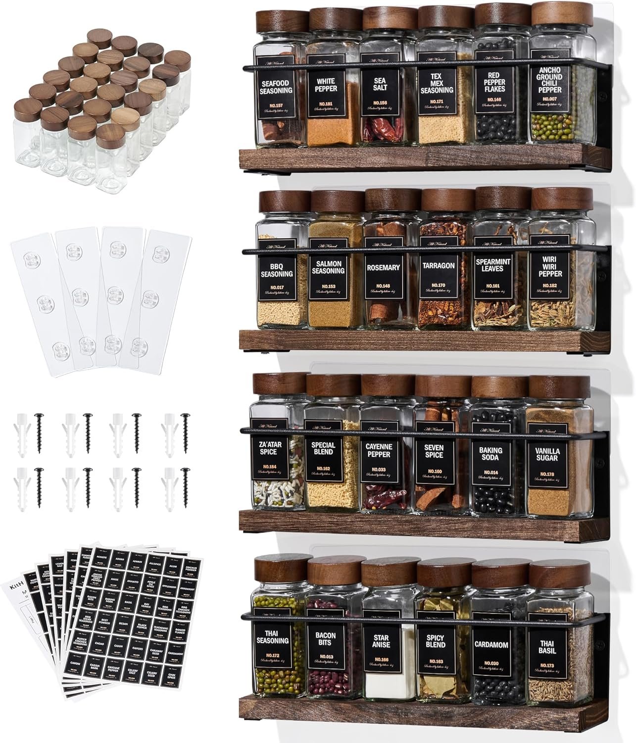 4-Tier Wall Mount Spice Rack Organizer with 24 Glass Jars, 216 Labels & Funnel – Screw/Adhesive Mount, Black Metal & Wood Spice Storage for Kitchen Pantry Cabinet, 11.6”W x 2.4”D x 3.2”H