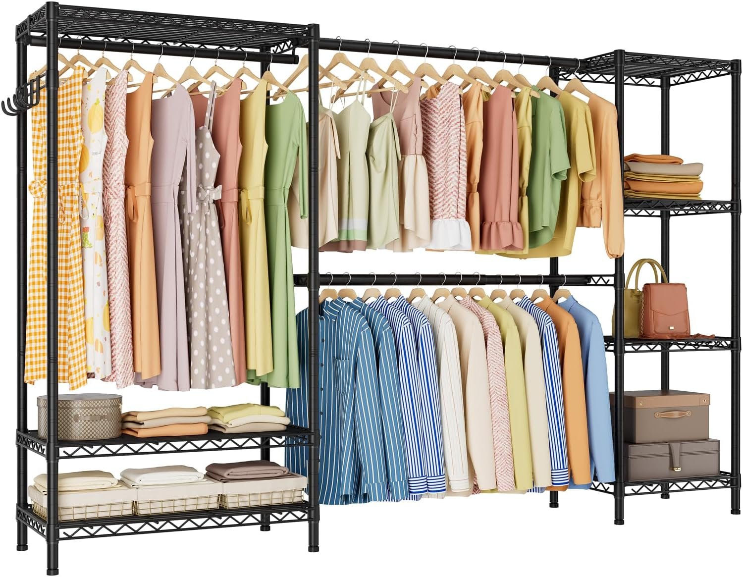 Golpart Heavy Duty Garment Rack Clothes Rack,Large Metal Closet Organizer System Storage Wardrobe,Freestanding Clothing Rack with 7 Adjustable Wire Shelves&3 Hang Rods,MaxLoad 1500lbs