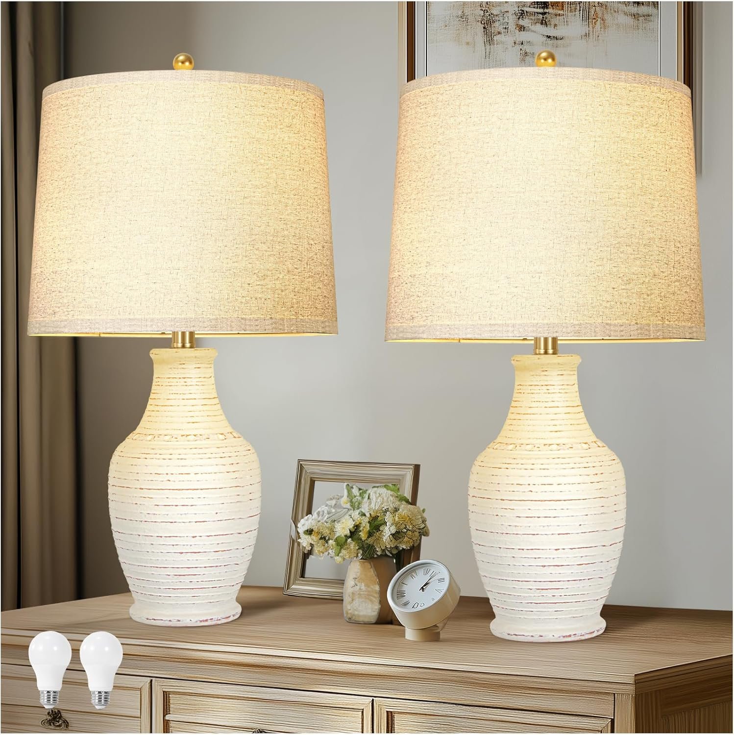 Scenekoy 23″ Ceramic Table Lamps Set of 2 with 3-Way Dimmable Bulb,Rotary Switch,Lamps for Living Room,Bedside Lamp with Linen Shade,Nightstand Lamps of 2 for Living Room Bedroom(Bulb Included)
