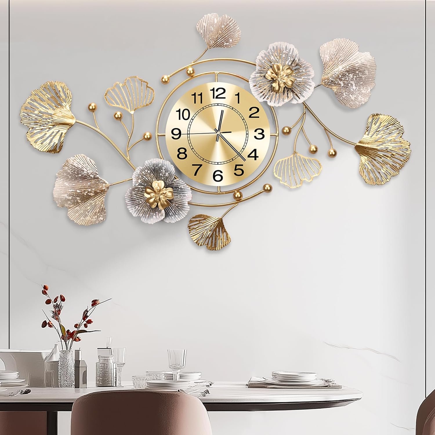Clocks for Living Room, Large Wall Clock, 3D Silent Wall Clock, Retro Metal Ginkgo Leaf Design, for Bedroom Kitchen Decorative Wall Clocks（32”x18” ）