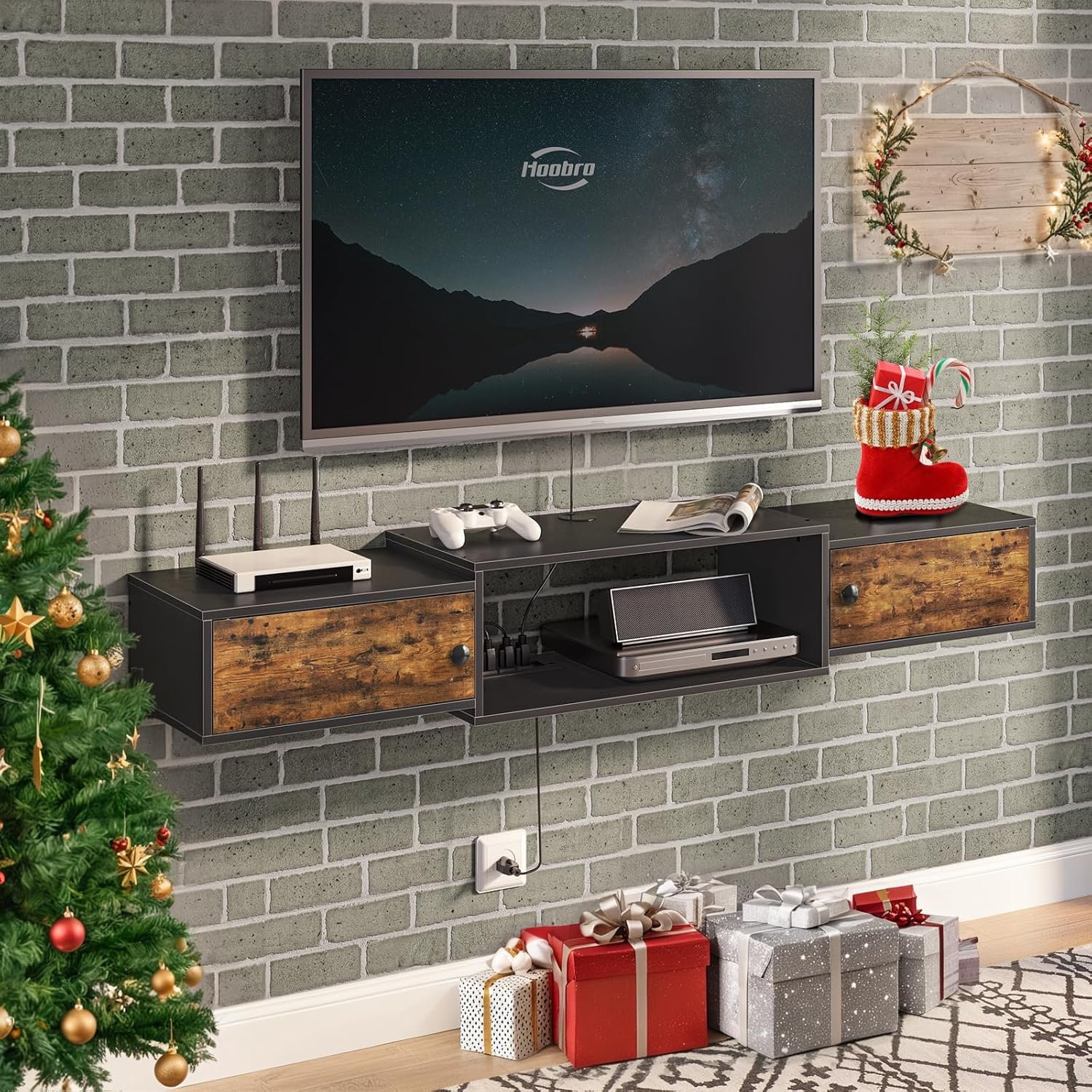 HOOBRO 55″ Floating TV Stand with Power Outlet, Modern Wall Mounted Media Console Shelf Cabinet for Under TV Storage, Entertainment Center, Living Room, Bedroom, Rustic Brown and Black BF11DS01