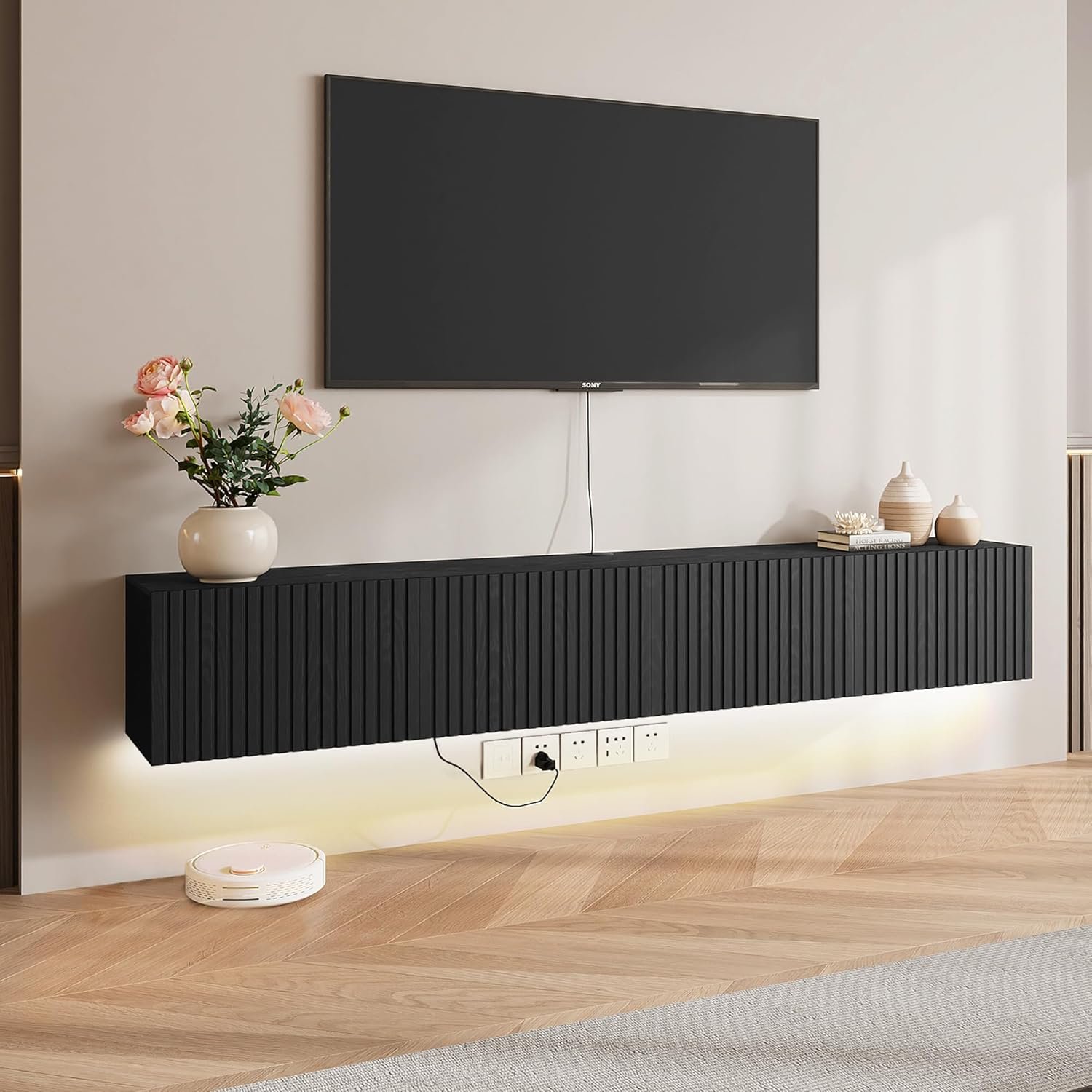 DHMAKER Floating TV Stand Wall Mounted, 71″ Floating TV Shelf Cabinet with LED Lights & Power Outlet, Black Midia Console Entertainment Center with Fluted Storage for Under TV Living Room Bedroom