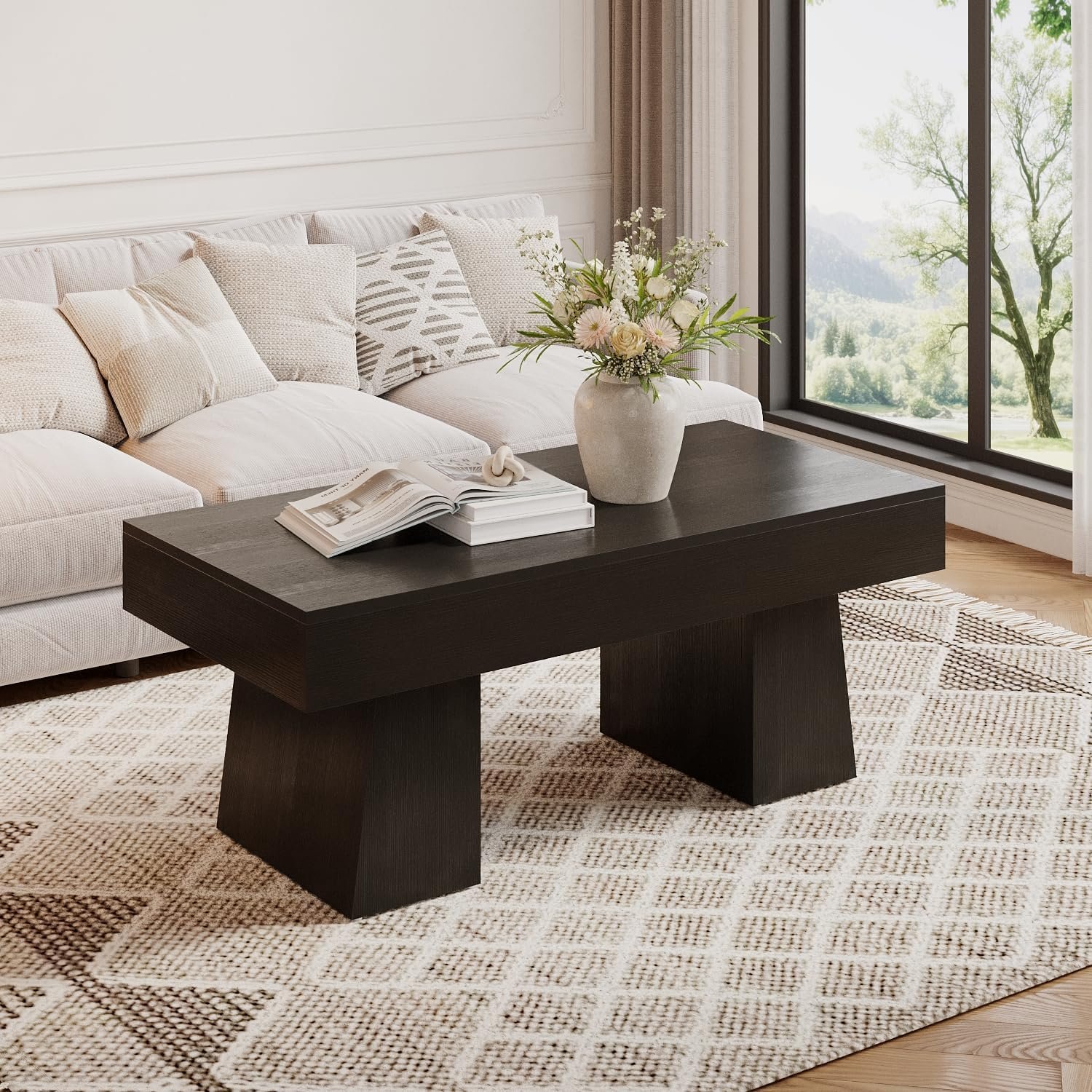 LITTLE TREE Farmhouse Coffee Table, 47 Inches Wooden Rectangular Accent Center Tables with Thick Base, Modern Low Cocktail Tea Furniture for Living Room (Black)