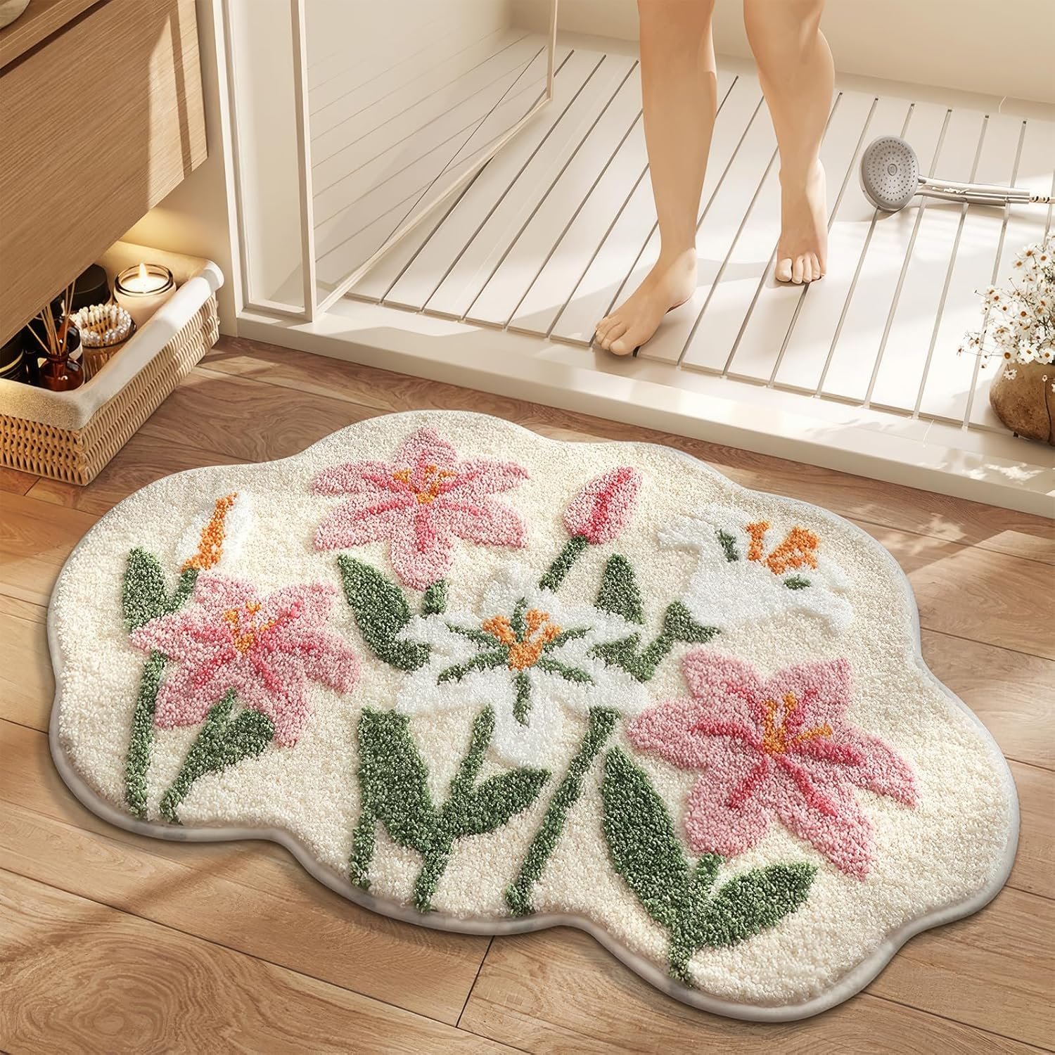 Cloud-Shaped Lily Bath Mat, Soft Non-Slip Fluffy Fresh Flowers Bathroom Rug, Ultra Absorbent Microfiber Shaggy Door Mat, Machine Washable Bath Rug Carpet for Bathtub Bedroom 20×31 Inch (White)