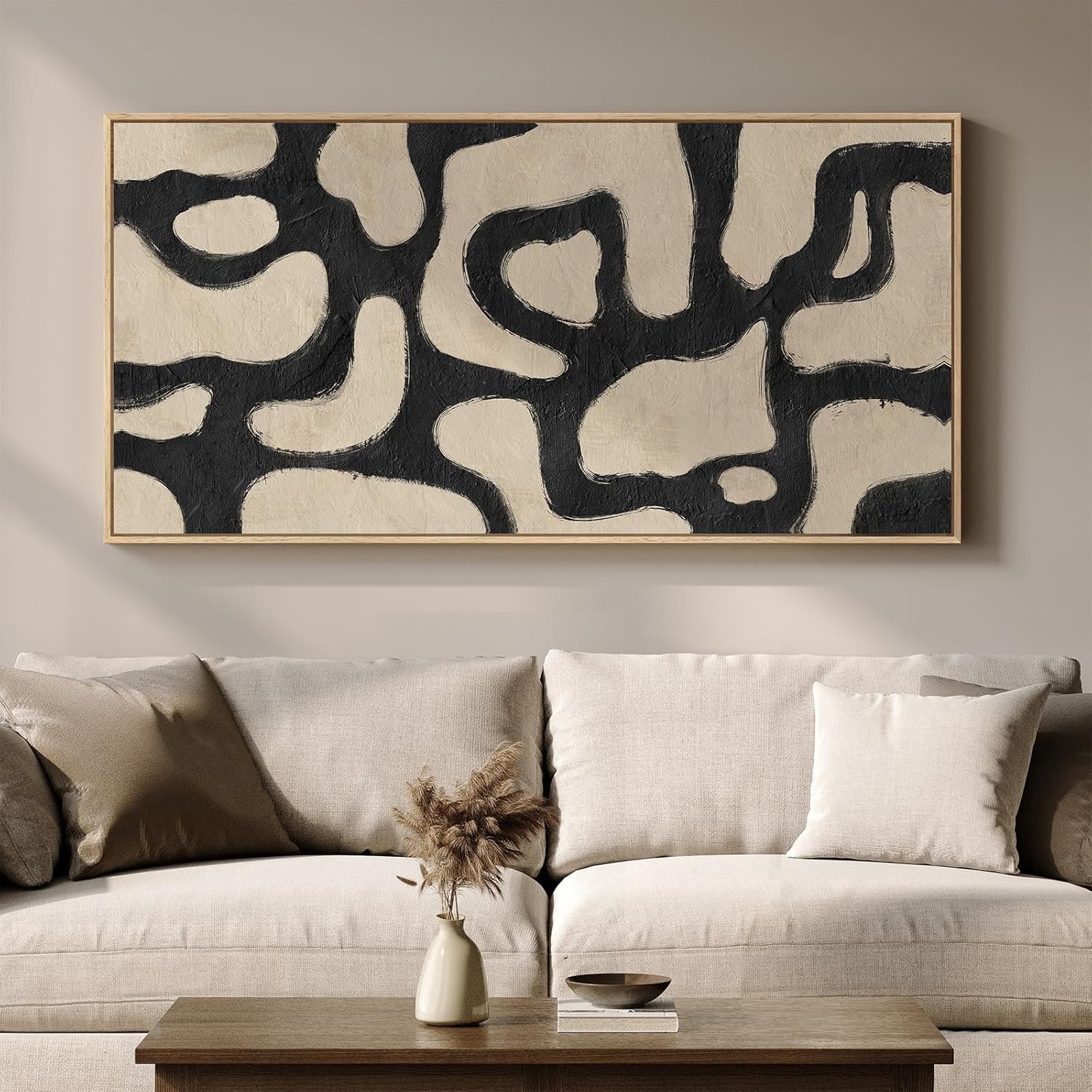Framed Neutral Horizontal Abstract Wall Art for Living Room, Extra Large Black and Beige Modern Painting Print, Mid Century Canvas Artwork for Dining Room Bedroom Hallway Office Walls Decor, 30×60 Inch