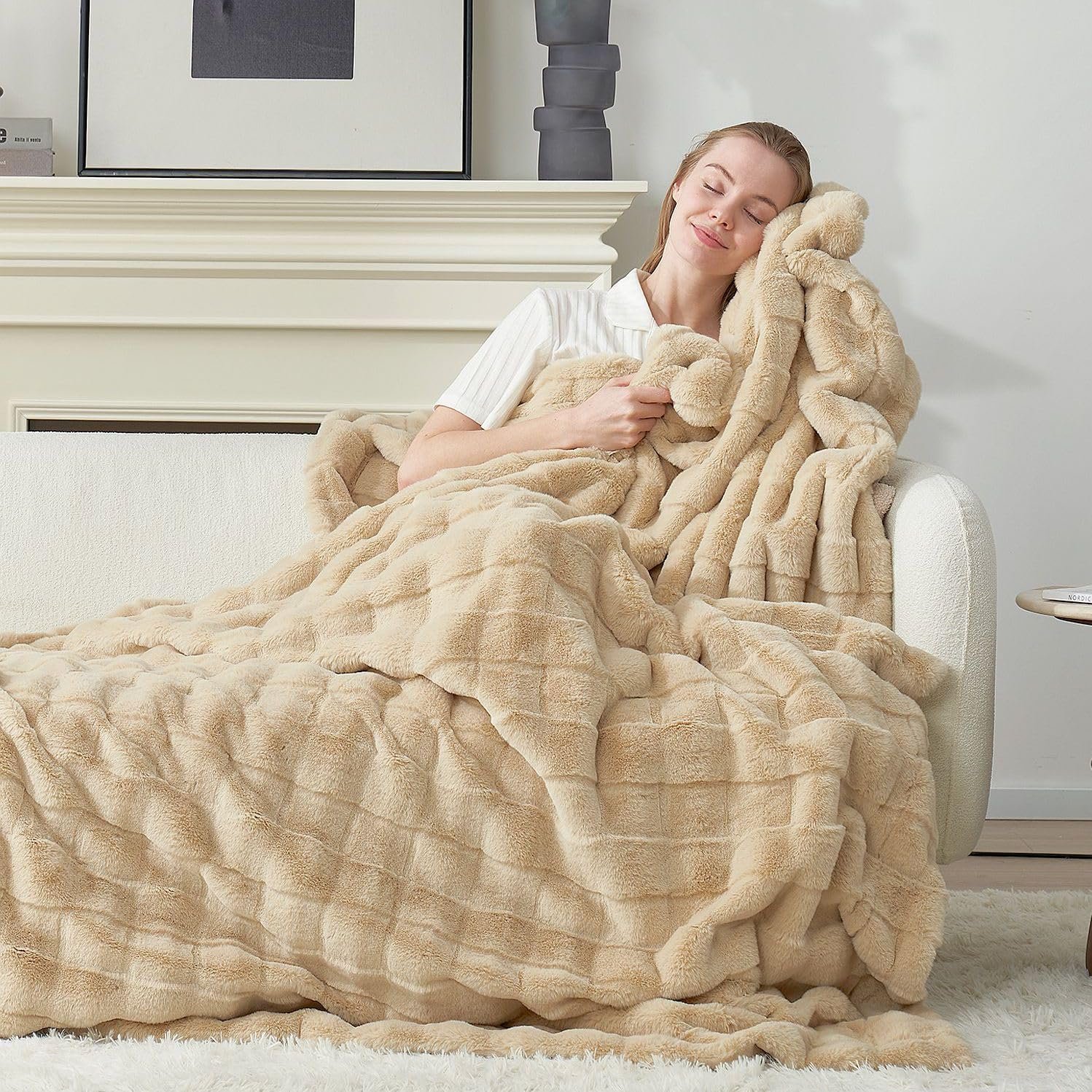 Cozy Bliss Fluffy Faux Fur Throw Blanket for Couch,Warm Cozy Soft Beige Throw Blankets for Sofa Bed Living Room,50×60 Inches
