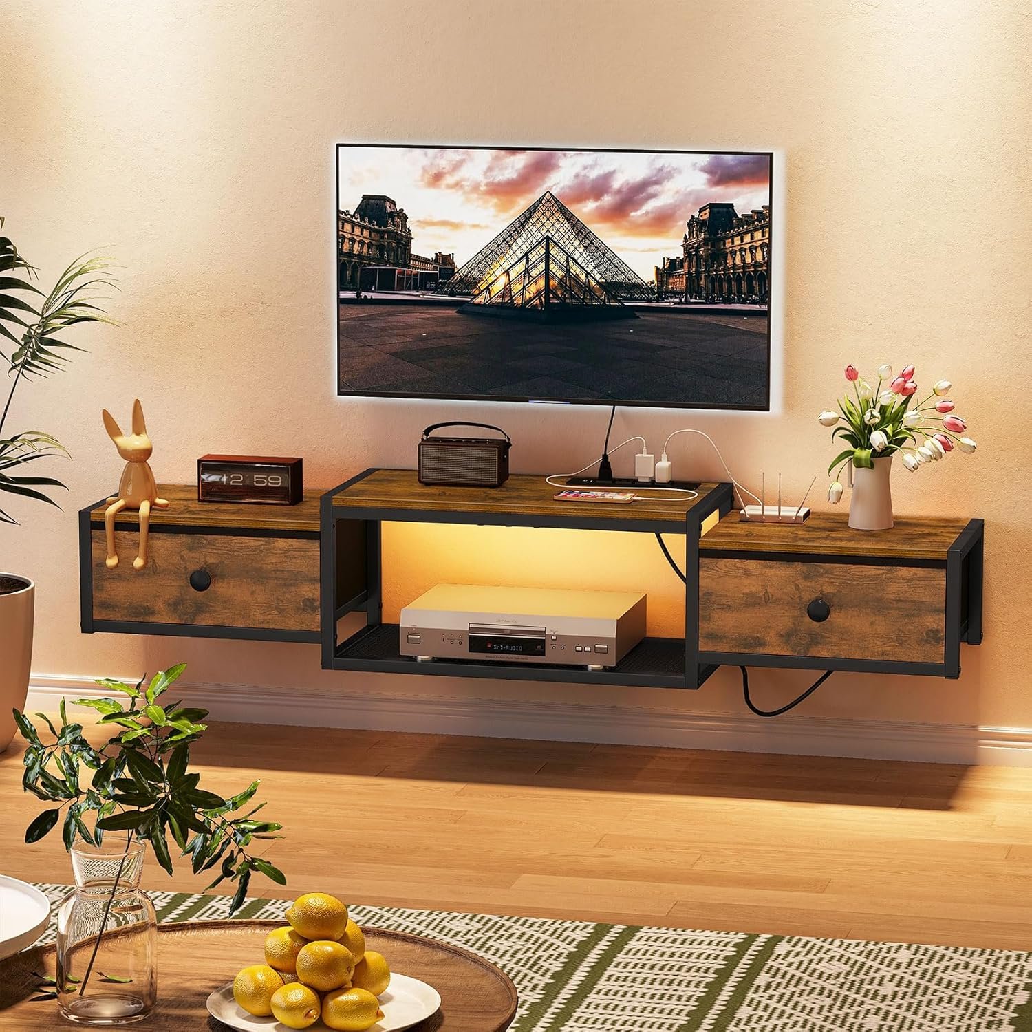 Snughome Floating TV Stand with Power Outlet 55″, Wall Mounted Entertainment Center with LED Lights, Floating TV Shelf with Drawer, Wall Mounted Media Console Shelf for Living Room, Bedroom