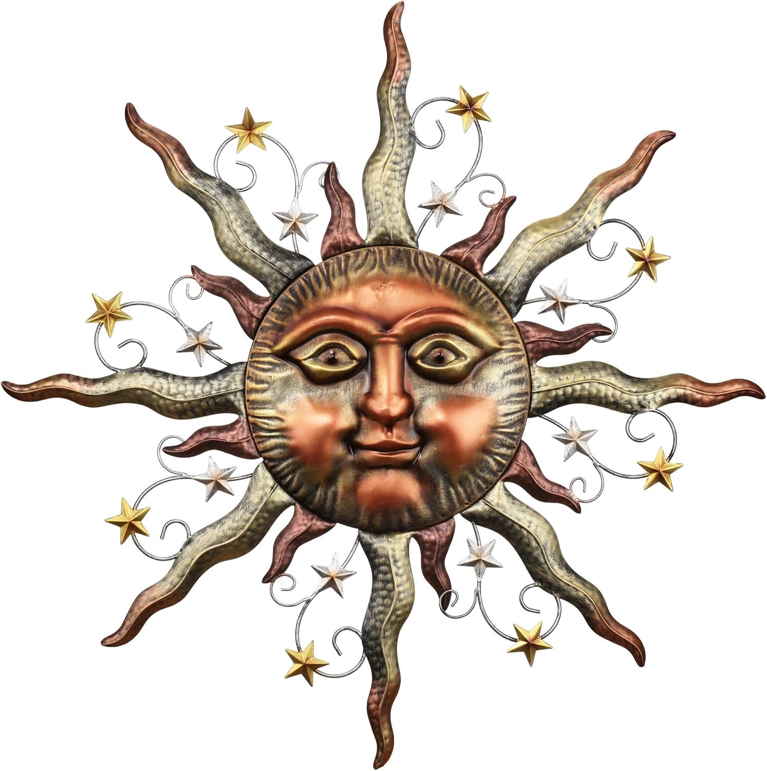 TERESA’S COLLECTIONS Sun Metal Wall Art for Outdoor Decor,32″ Bronze Sun Face 3D Wall Decor for Garden Decor,Rustic Retro Hanging Sculpture for Outside Living Room Home Patio Farmhouse Gifts for Mom