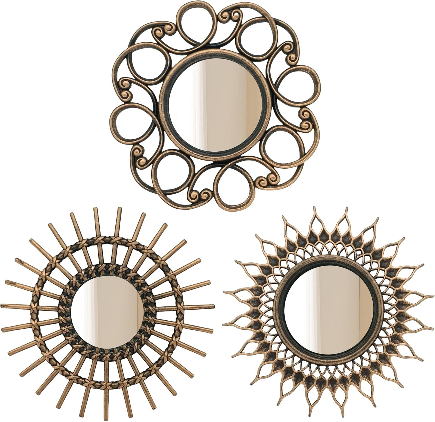 Retro Gold Mirrors for Wall Pack of 3. Round Mirrors. Decorative Mirrors.Small Wall Mirrors for Decor Home Decor.Plastic Frames.Glass Mirrors.Make Old Gold Color.NOT A Large Bathroom Vanity Mirror.