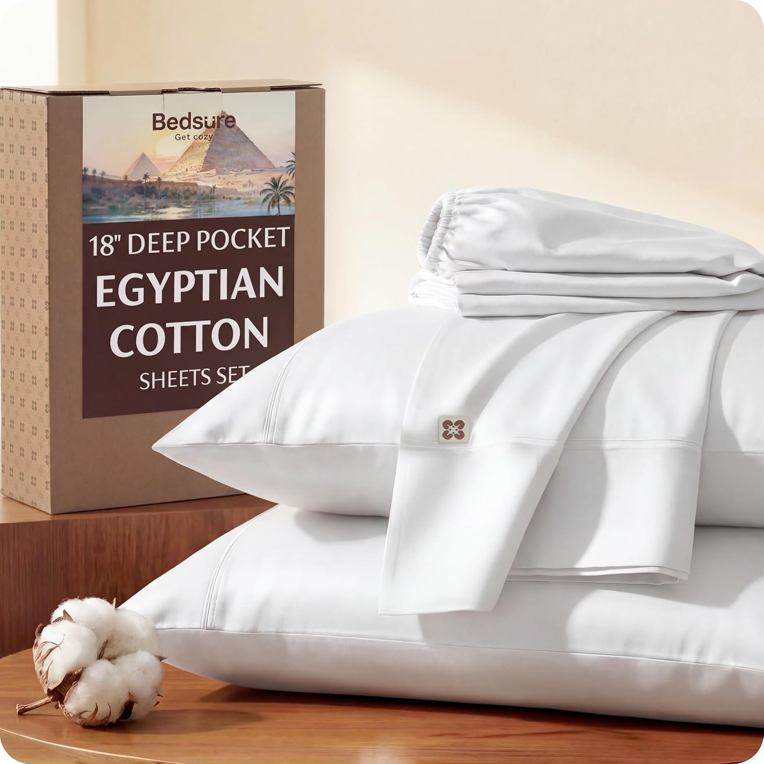 Bedsure 100% Giza Egyptian Cotton Sheets King Size – Luxury Hotel Sheets 18 Inches Deep Pocket with 4 Corner Straps, PureWoven Soft & Beathable Sateen Weave Bedsheets (White, King)