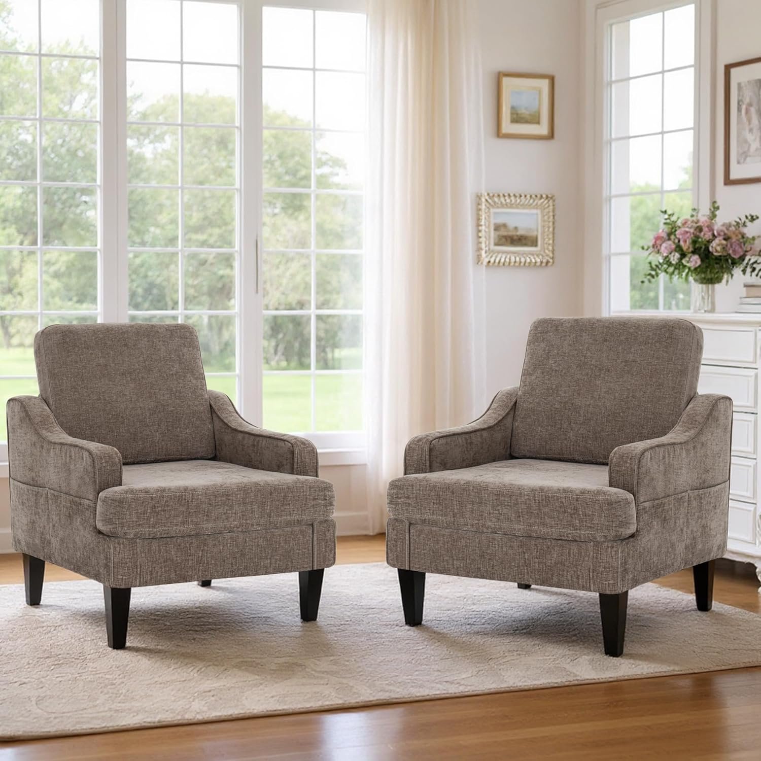 Set of 2 Accent Chair for Living Room,Mid-Century Arm Chair Chenille Fabric Living Room Chairs,Upholstered Reading Chair for Bedroom,Single Sofa Chair with Wood Legs for Apartment (Brown)
