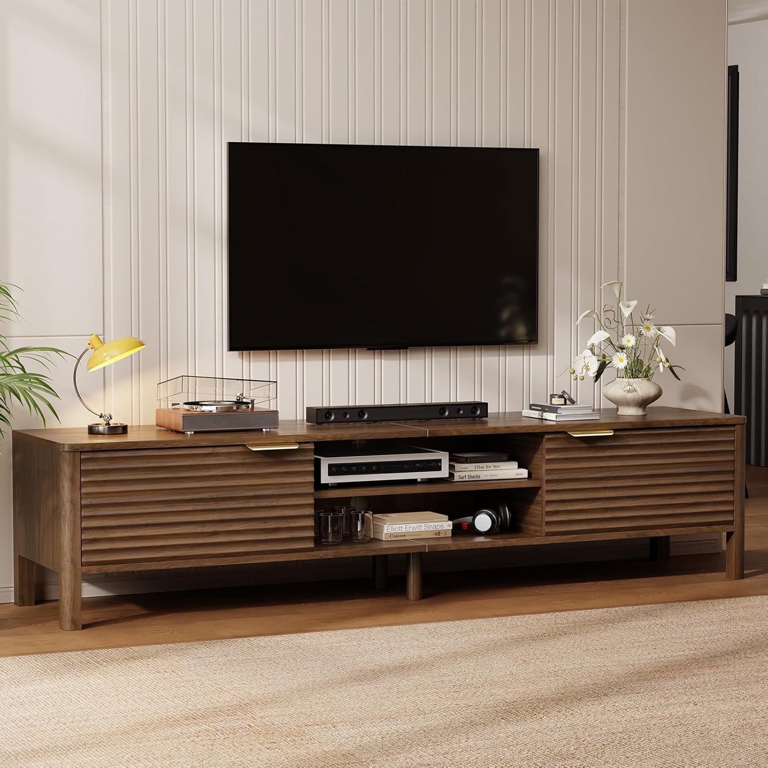 IKALIFE TV Stand for Living Room – up to 80 Inch TVs Mid Century Modern Entertainment Center with Storage and Adjustable Shelves, Media Console Table Walnut 71″
