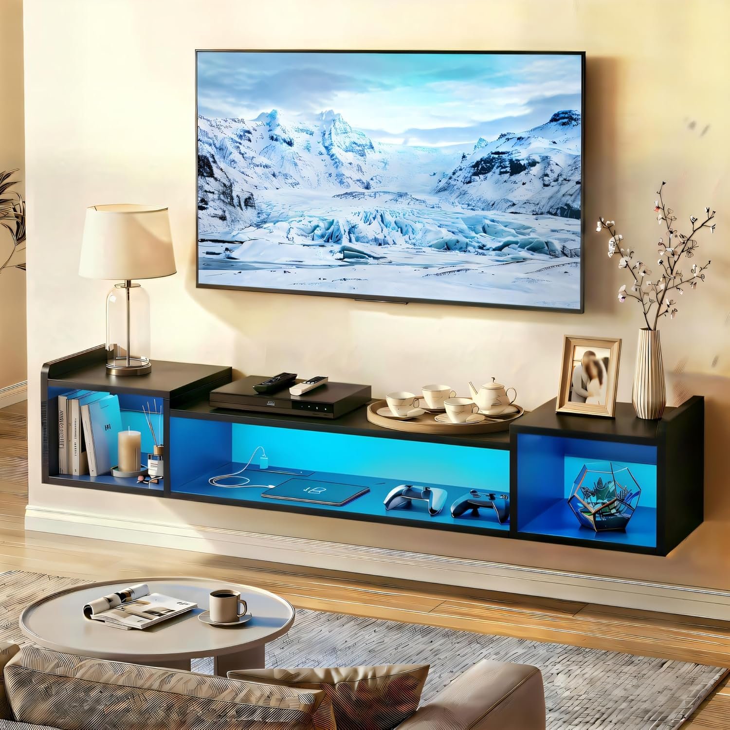 70.9″W Floating TV Stand with LED Lights & Power Outlets for 60 65 70 75 Inch TV Wall Mounted Entertainment Center with Storage for Living Room Wood Media Console Shelf Black TV Shelf Wood for Bedroom