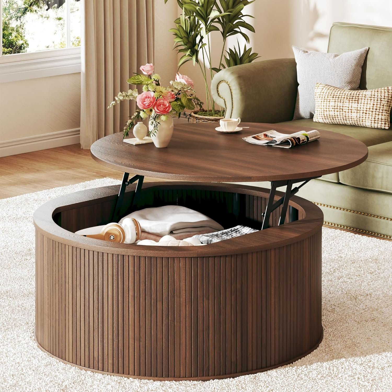 HUAHUU Round Coffee Table with Storage, 31.5″ Lift Top Coffee Table, Mid Century Modern Coffee Tables for Living Room, Apartment Office, Fluted Table with Rustic Wood Desktop, Walnut