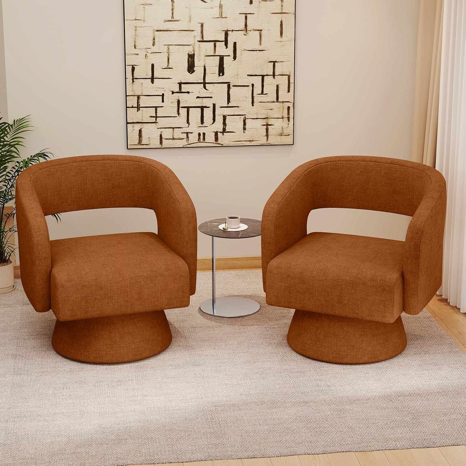 Nebuaegis Swivel Accent Chair Set of 2, Modern Comfy Chenille Barrel Chairs, Oversized Upholstered Round Arm Chair for Living Room, Bedroom, Reading Room, Caramel