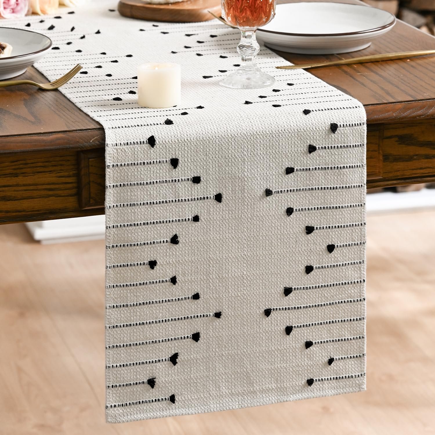 Artoid Mode Black Boho Table Runner for Farmhouse Rustic，Seasonal Holiday Macrame Burlap Kitchen Dining Table Decoration for Home Party Decor 12×72 Inch