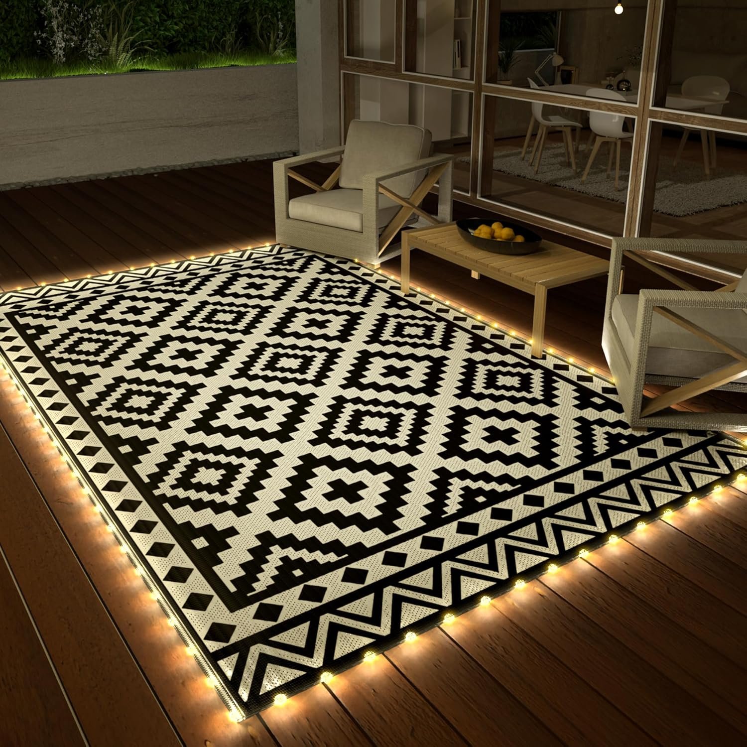 HAUSHOF 5’X8′ Outdoor Rug Waterproof with LED Strip Light, Reversible Outdoor Plastic Straw Rug, Patio Rug with 4 Rug Stakes, Outdoor Carpet Mat for RV, Camping, Beach, Porch, Balcony, Black&White