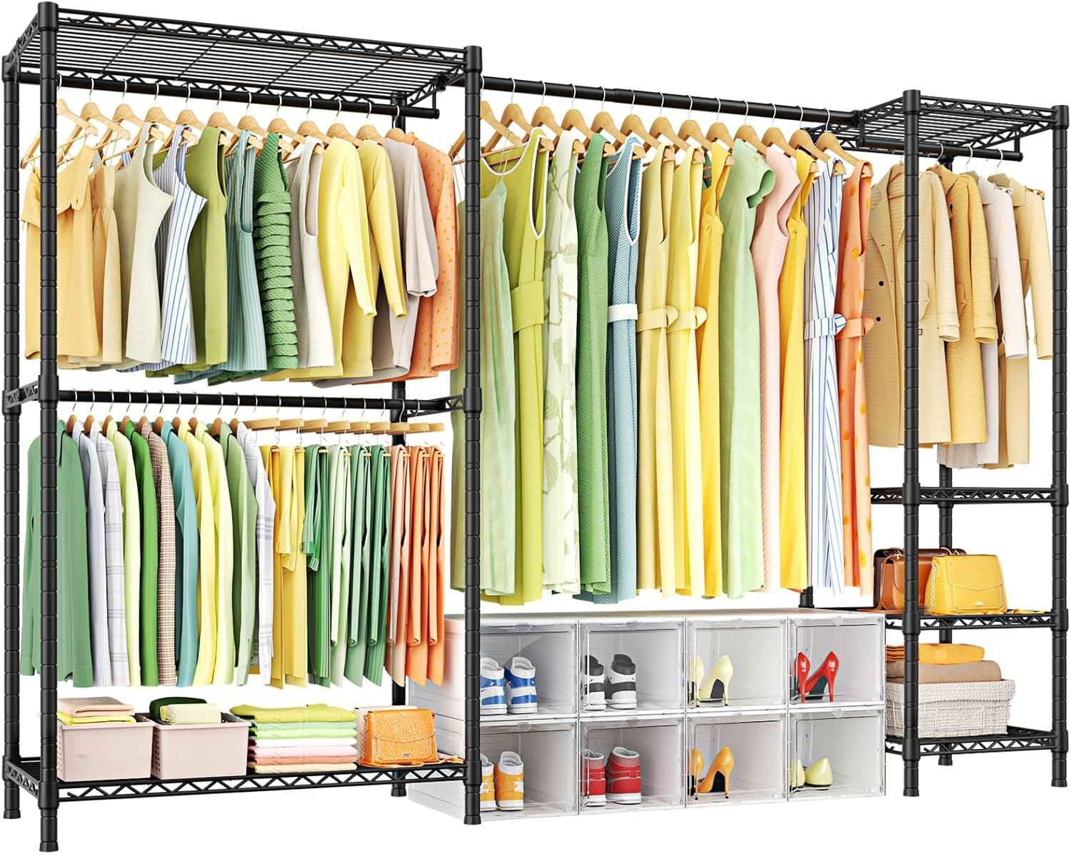 Ulif E10 Clothes Rack（With Stretchable Hanger Rod）Freestanding Clothing Racks for Hanging Clothes，Adjustable Closet Organizer System，Portable Garment Rack 73-97″W x 15″ D x 72″ H，Max Load 800LBS，Black