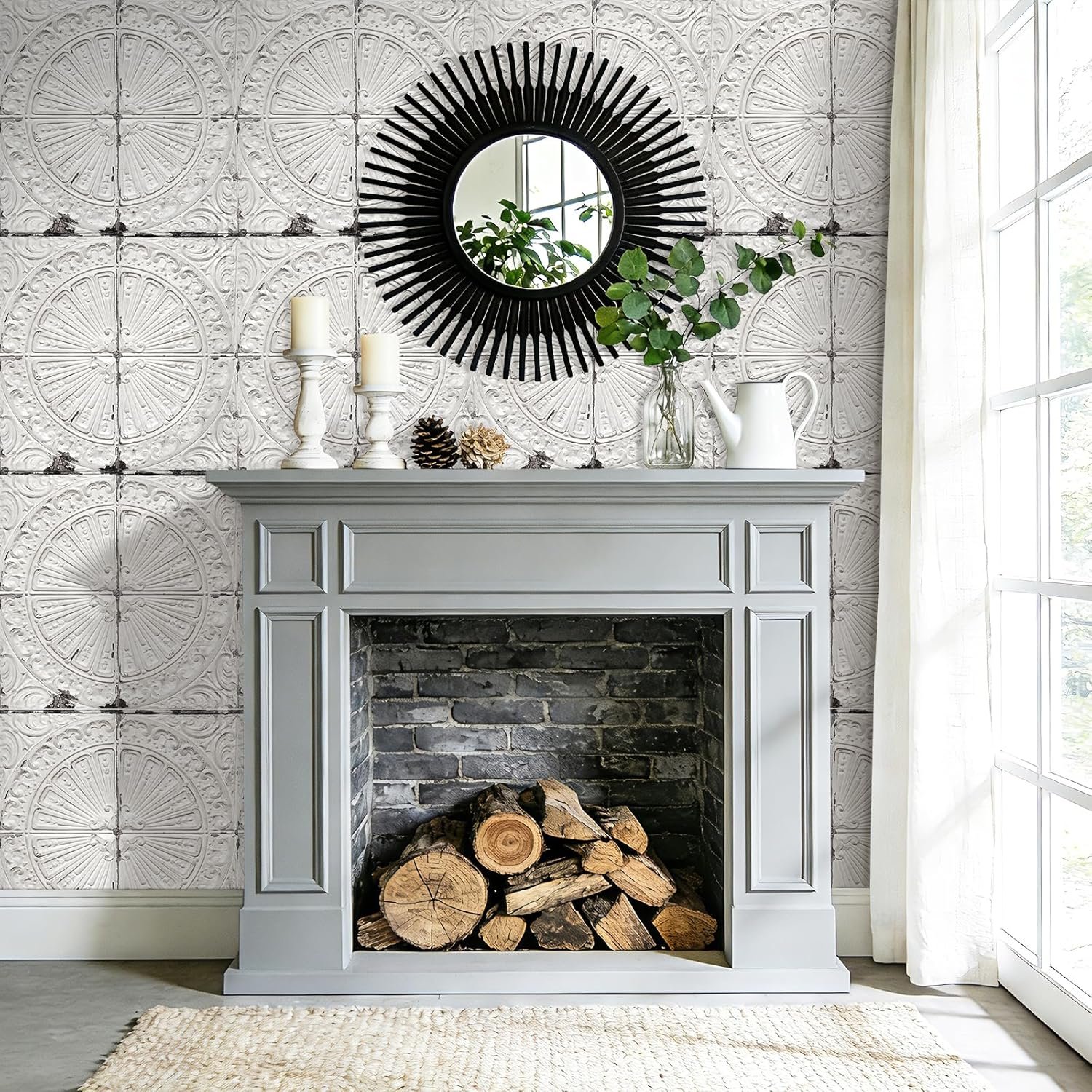 ICOOP Tin Tile Wallpaper Peel and Stick Architectural Faux 3D Peel and Stick Wallpaper 17.5″x276″ Distressed White Contact Paper Vintage Wall Paper Adhesive Wall Tiles for Bedroom Kitchen Ceilings
