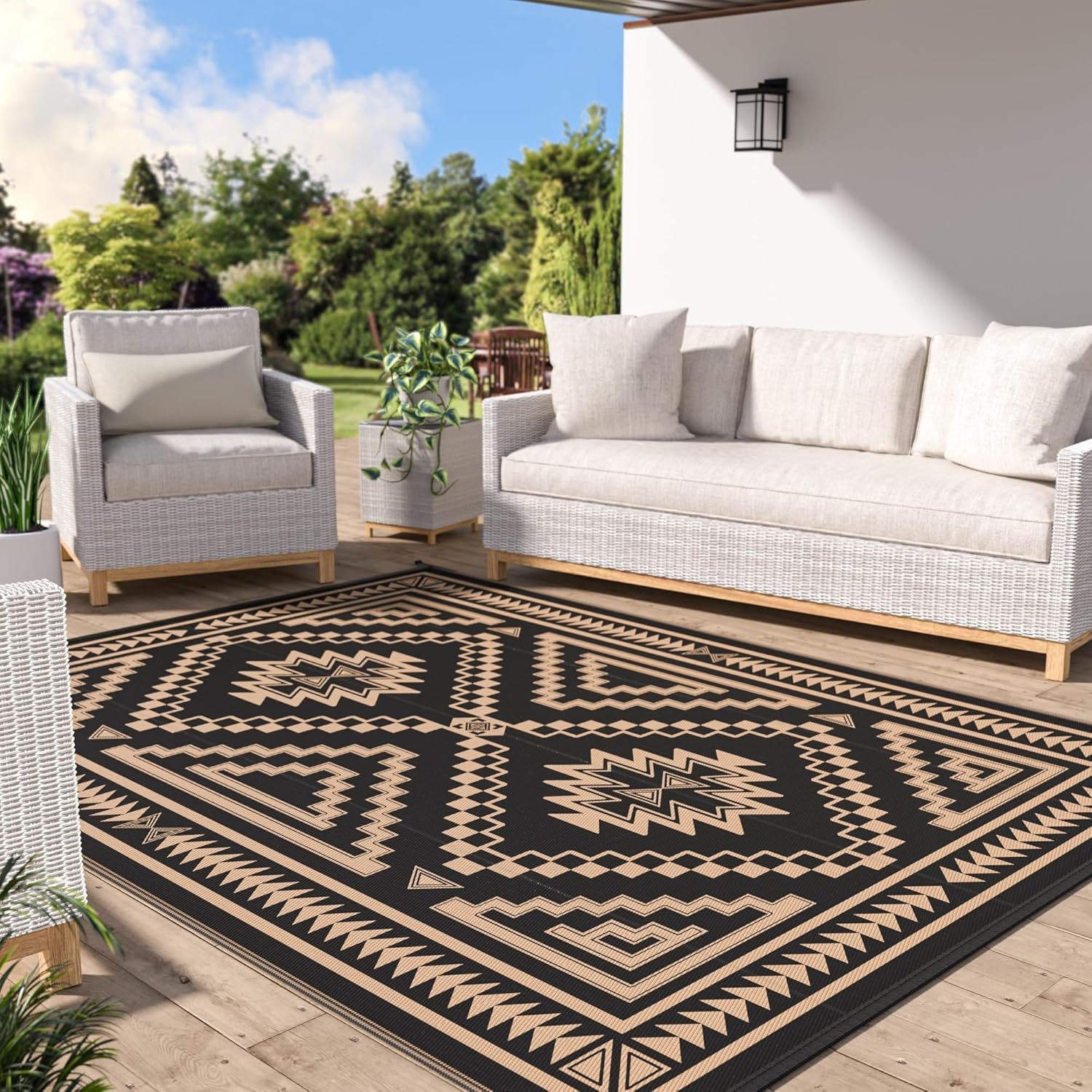 GENIMO Outdoor Rug for Patio Clearance – 5×8 ft Waterproof Plastic Camping Rugs, Reversible Outside Rv Mat Carpet for Porch, Deck, Picnic, Balcony, Beach, Backyard, Black Brown
