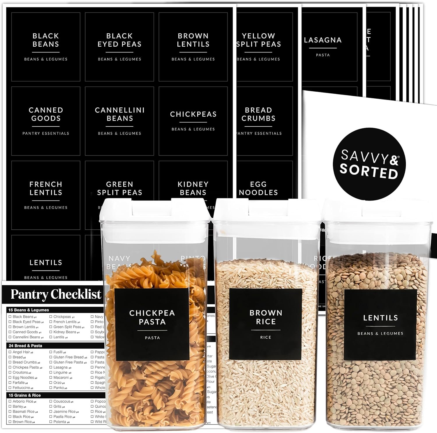 SAVVY & SORTED Black Labels for Containers, 180 Kitchen Labels for Food Storage Container, Pantry Labels for Food Storage, Organize Pantry Essentials Canister Label