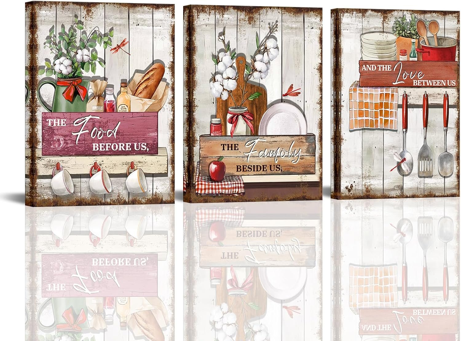 Rustic Kitchen Quotes Canvas Wall Art, Country Farmhouse Food Family Love Sign Quotes Poster Printing Framed Artwork for Home Kitchen Living Room Dining Room Wall Decor 12″x16″, Set of 3