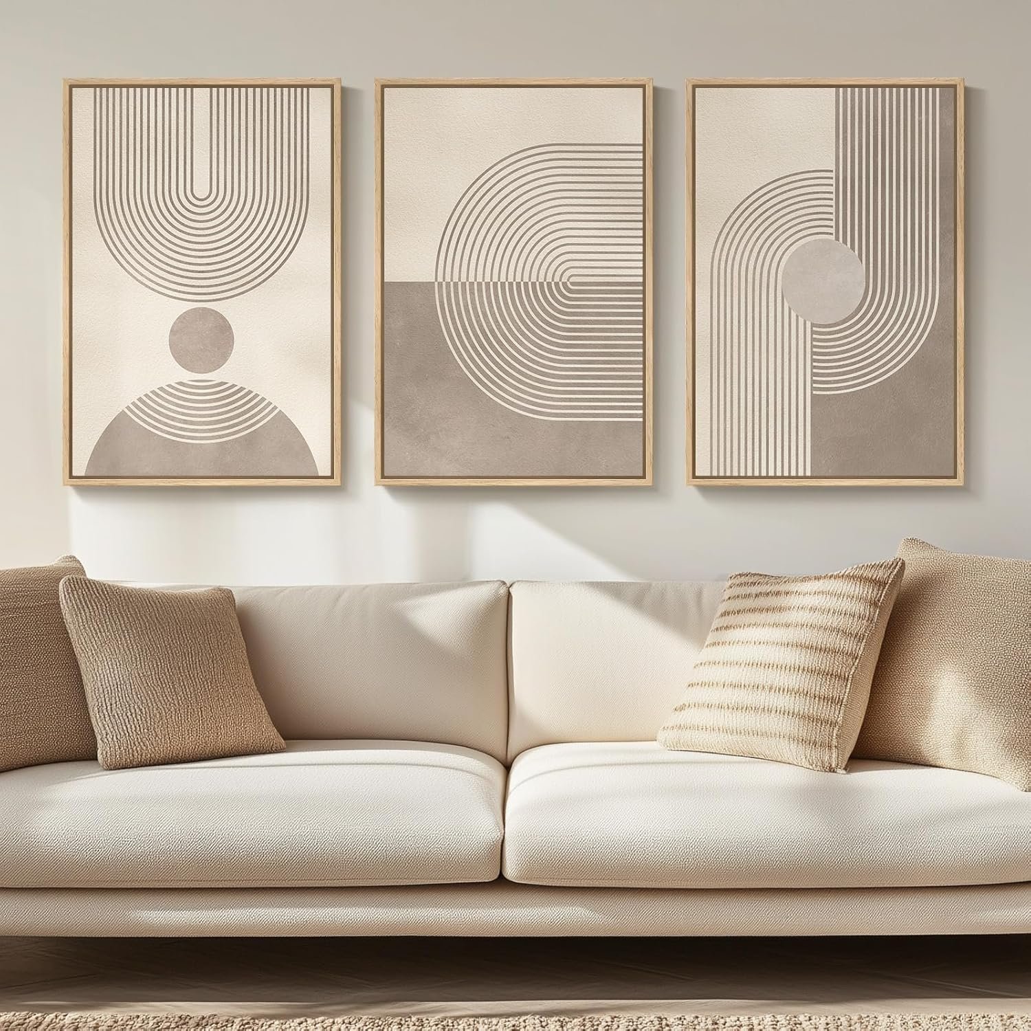 Framed Neutral Modern Minimalist Wall Art for Living Room, 3 Piece Boho Abstract Canvas Prints Artwork for Walls, Mid Century Boho Neutral Geometric Paintings for Bedroom Hallway Wall Decor, 16×24 In