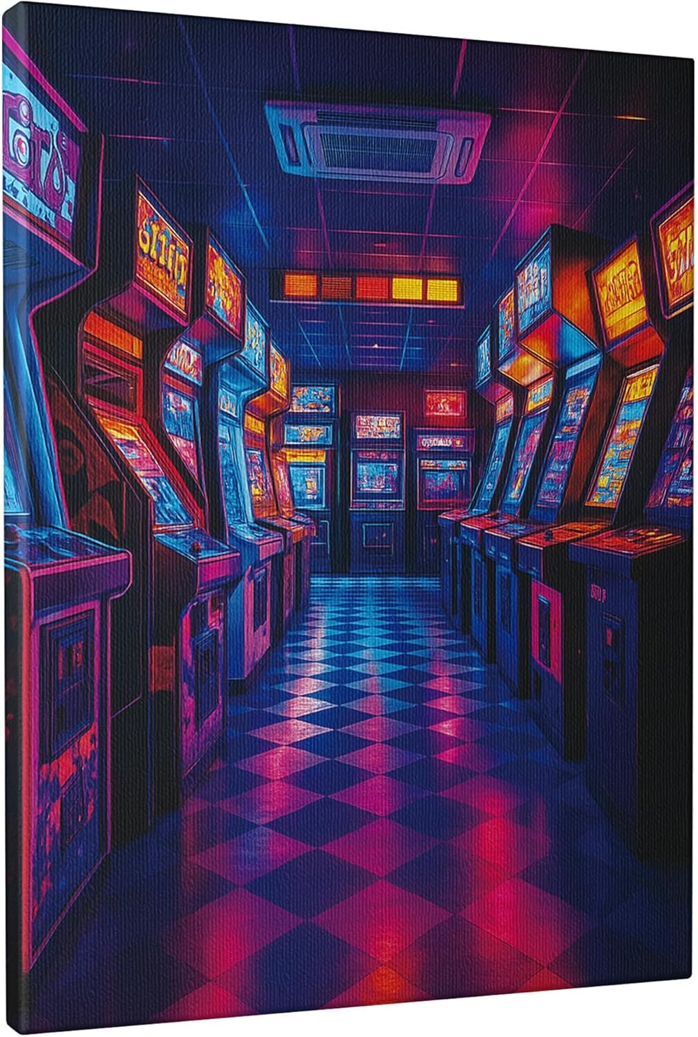 Retro Arcade Canvas Wall Art, Blue Peach Neon Poster Prints, Vintage Wall Art Aesthetic Decor for Game Room, Bedroom, Living Room, Wrapped Canvas 16×20 Inch