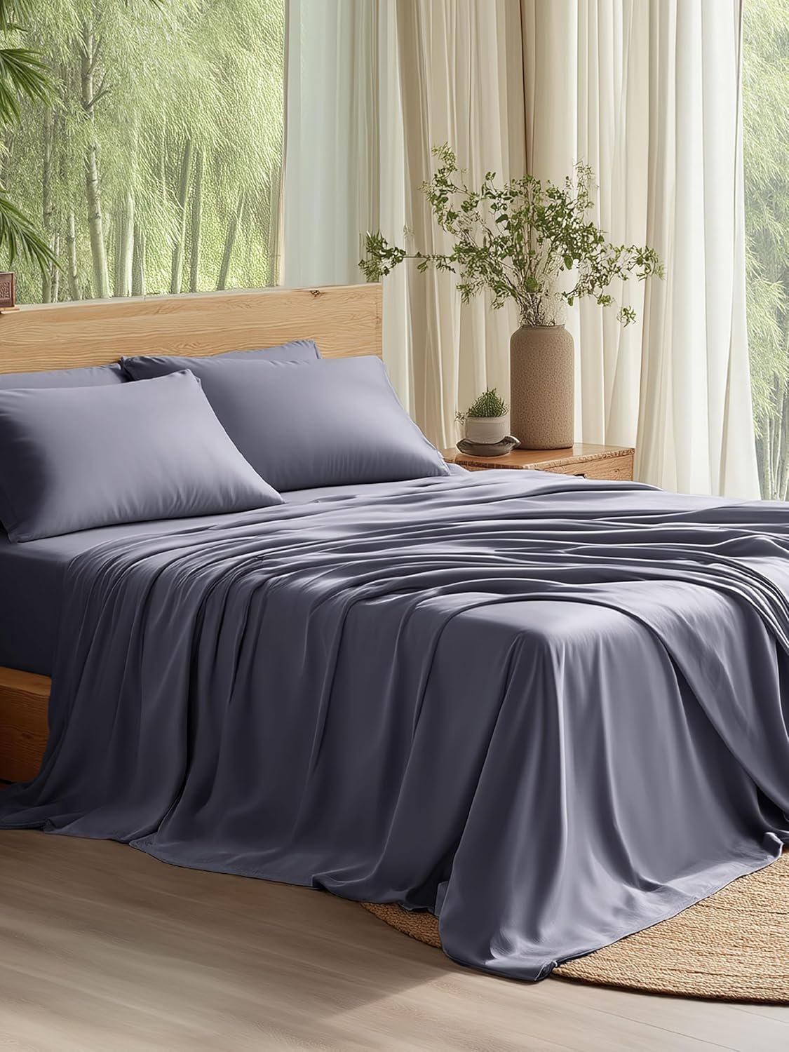 Bedsure Queen Sheet Set, Cooling Sheets for Queen Size Bed Set, Rayon Derived from Bamboo, PureWoven, Breathable & Soft, Deep Pocket Up to 16″, Hotel Luxury Silky Bedding for Hot Sleepers, Dark Grey