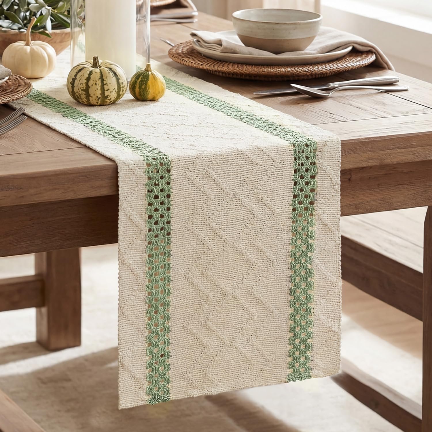 Artoid Mode Sage Green Stripe Woven Table Runner, Seasonal Holiday Hollow Kitchen Dining Table Decoration for Home Party Decor 12×72 Inch