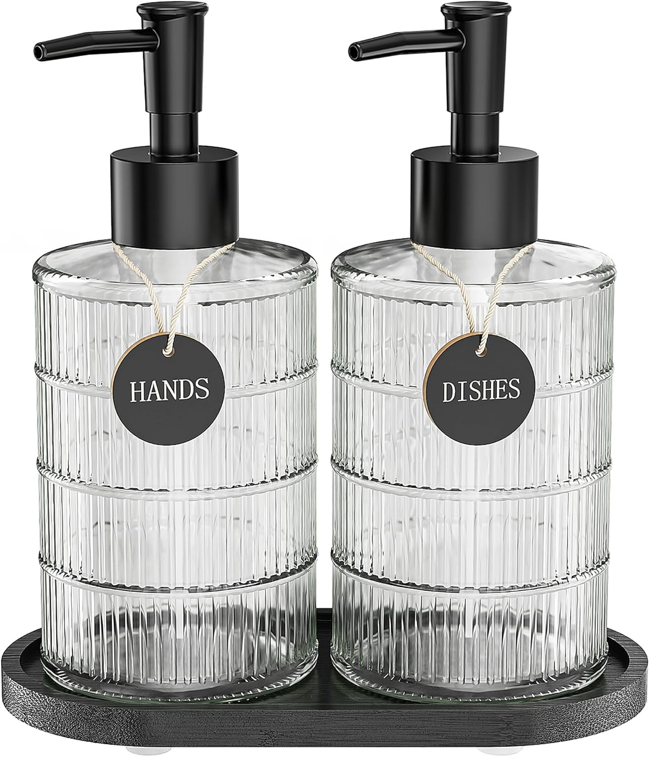 MASADI Soap Dispenser Set with Bamboo Tray, Dish and Hand Soap Lotion Dispenser Set with Wooden Pump for Kitchen and Bathroom Decor for Counter, Modern Vintage Liquid Soap Dispensers (Clear&Black)