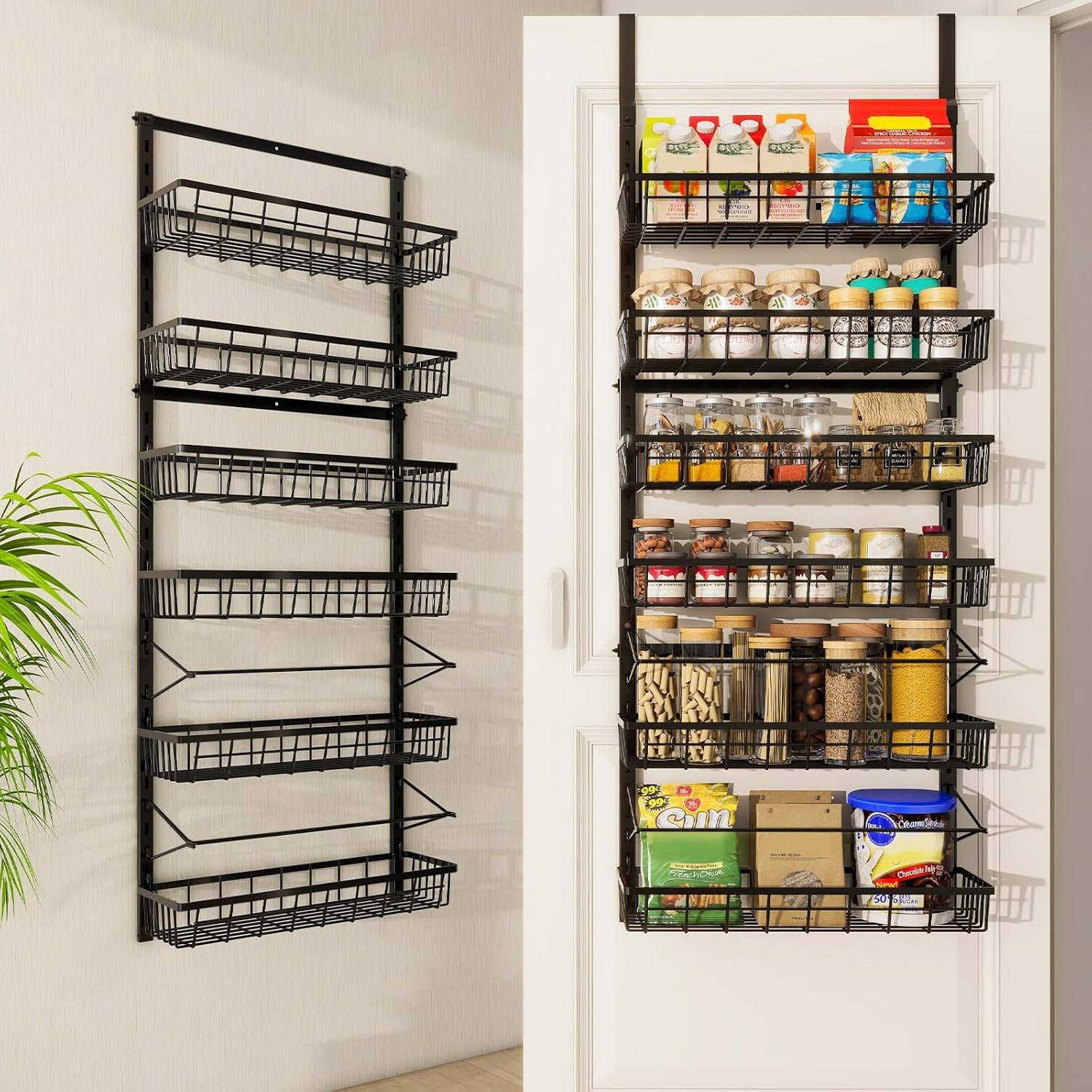 Mefirt Over The Door Pantry Organizer, Pantry Storage and Organization, 6-Tier Adjustable Hanging Baskets, Metal Wall Mount Spice Rack Seasoning Shelves for Home & Kitchen, Laundry Bathroom – Black
