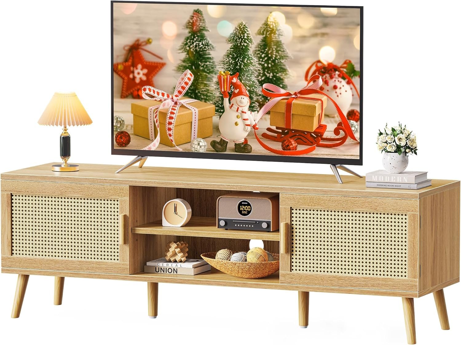 SUPERJARE Boho TV Stand for 65 Inch TV, Entertainment Center with Adjustable Shelf, Rattan TV Console with 2 Cabinets, Media Console, Solid Wood Feet, 4 Cord Holes, for Living Room – Natural