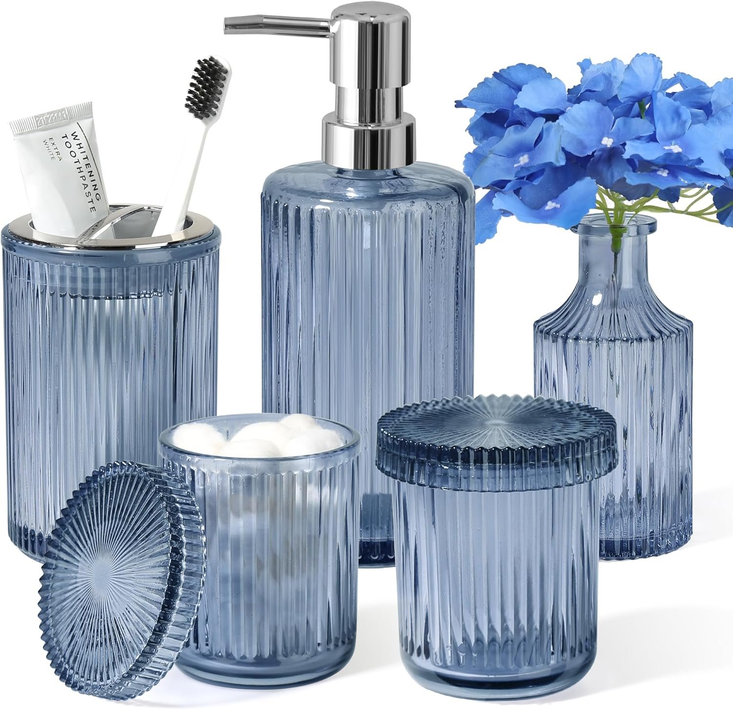 Blue Bathroom Accessories 5 Pcs, Glass Bathroom Accessory Set, Vintage Blue Bathroom Set, Royal Soap Dispenser and Toothbrush Holder Set, Qtip Holder, Small Flower Vase, Modern Bathroom Decor