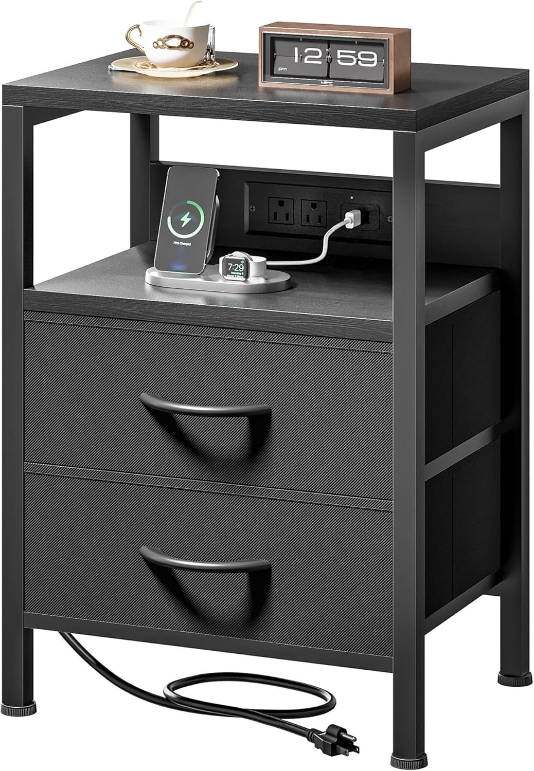 Lazzanto Nightstand Bedside Charger Table for Bedroom – Night Stand with Charging Station, Modern Nightstand with Open Shelf & 2 Fabric Drawers, Bed Side Table with USB-C Port for Dorm, Black