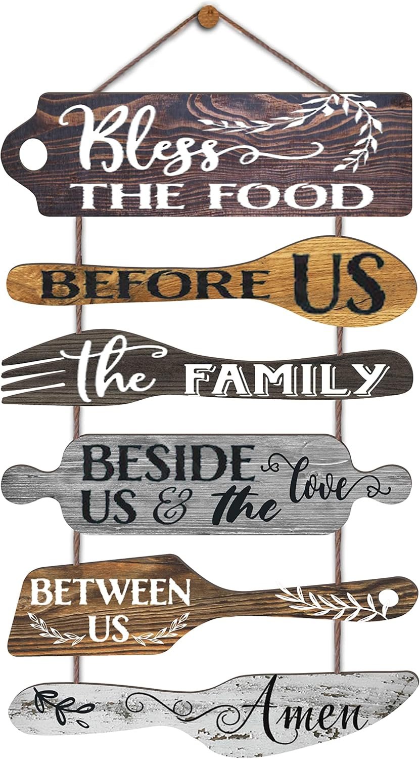 EXQUIDECA Bless the Food Before Us Farmhouse Kitchen Wall Decor – Dining Room Decorations Collage Wall Art in Neutral Grey Color – Wooden Rustic 6pcs Roped Sign 25×14 Inches Vertical