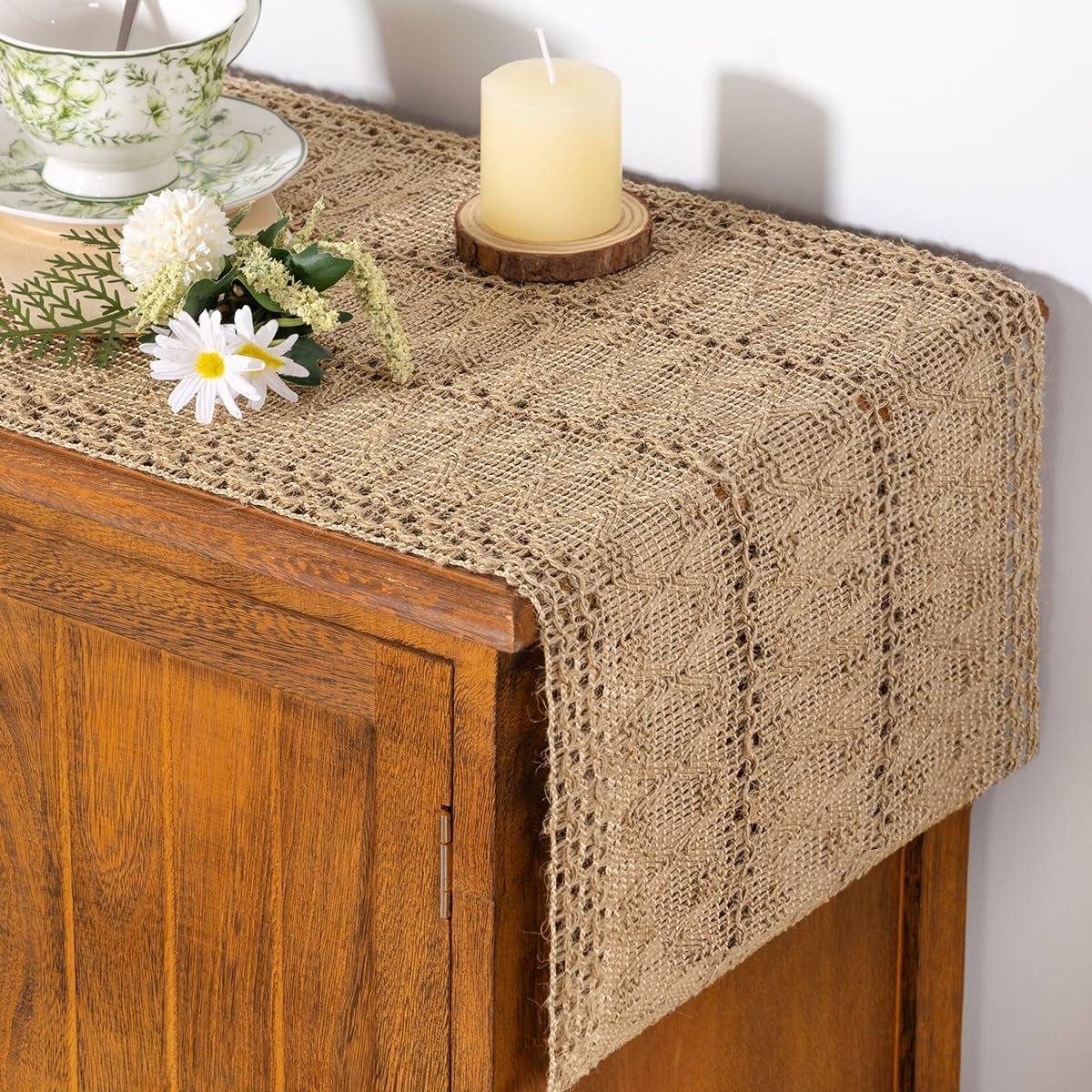 Socomi Boho Table Runner Summer Farmhouse Burlap Jute Bamboo Rustic Dining Kitchen Centerpiece Decor Small Macrame Woven Coffee Table Runner for Dresser Scarf Home Decor 12×72 inch