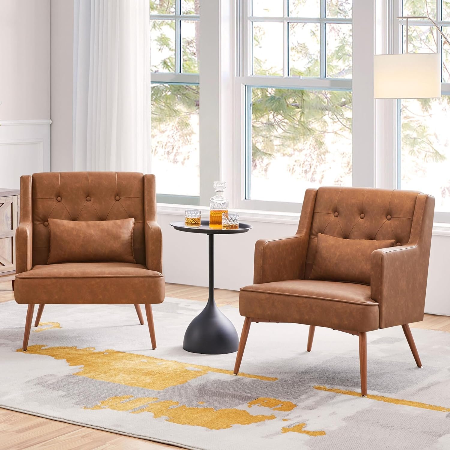 Yaheetech Accent Chair, Living Room Chair Mid Century PU Leather Armchair Lumbar Pillow, Comfy Upholstered Reading Chair Wood Leg Bedroom Brown 2PCS