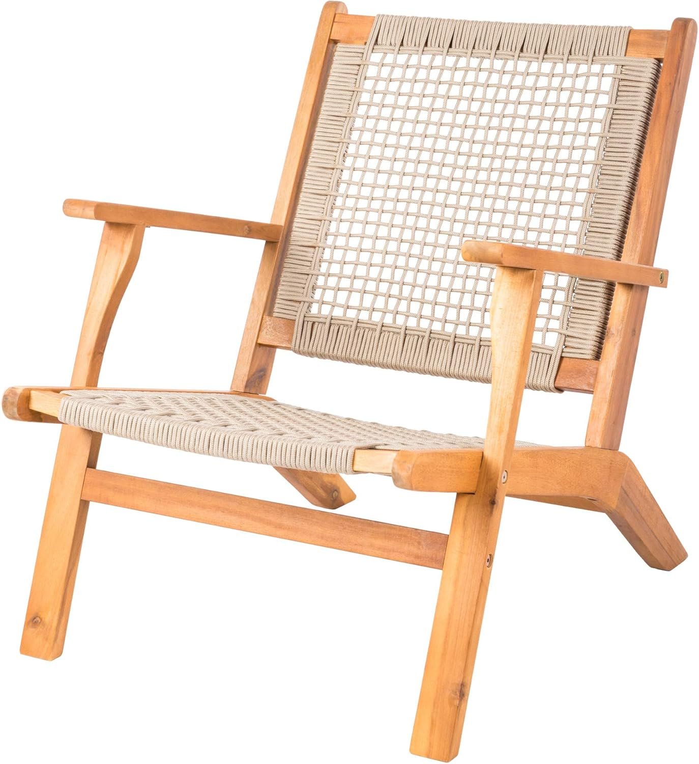 Patio Sense 62773 Vega Natural Stain Outdoor Chair Acacia Wood Construction Hand Woven Seat Mid Century Design Comfortable Reclining Armchair Patio Lawn Garden Backyard Deck – Ecru Cording