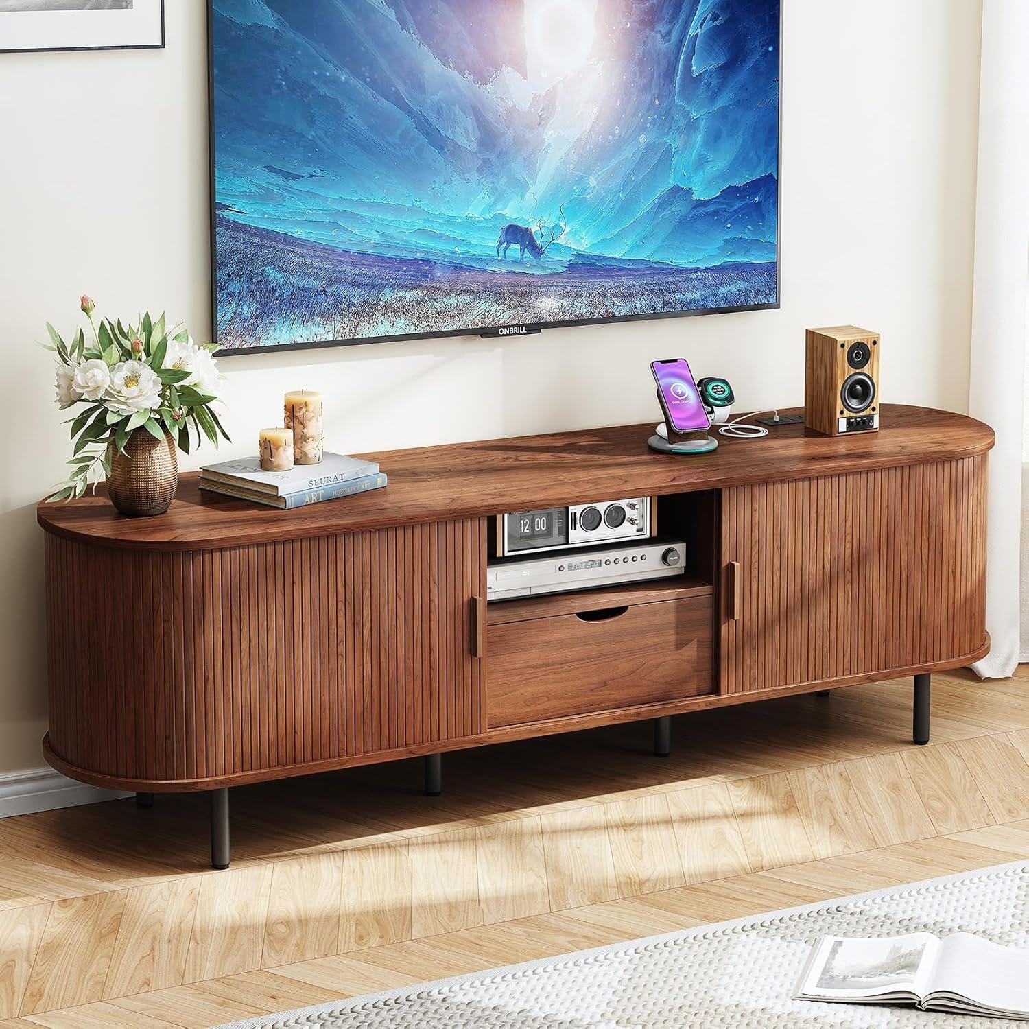 ONBRILL 69″ TV Stand with Power Outlet for TVs up to 80″, Entertainment Center with Storage and Drawer, TV Console with Adjustable Shelves and Sliding Door, TV Stand for Living Room, Bedroom, Walnut