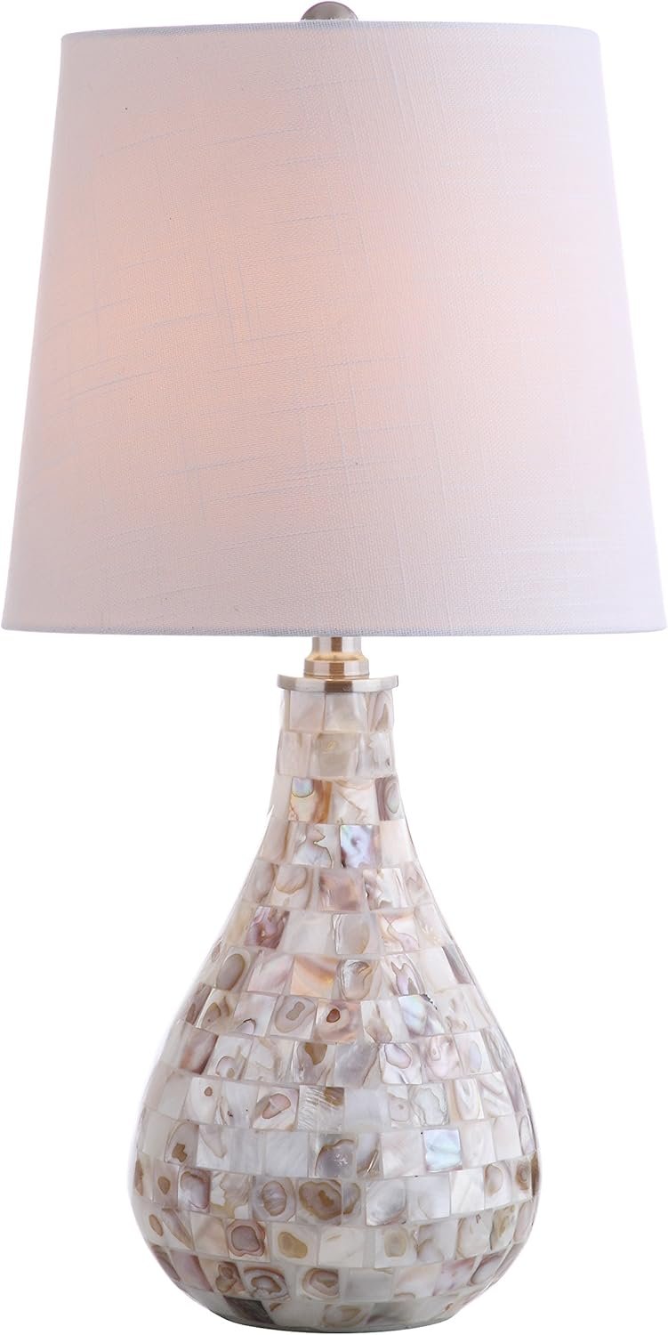 JONATHAN Y 20.5″ Seashell Coastal Mini LED Table Lamp for Living Room Office, White Linen Drum Shade, Modern Mother of Pearl Bedside Nightstand Lamp, LED Bulb Included JYL1024A