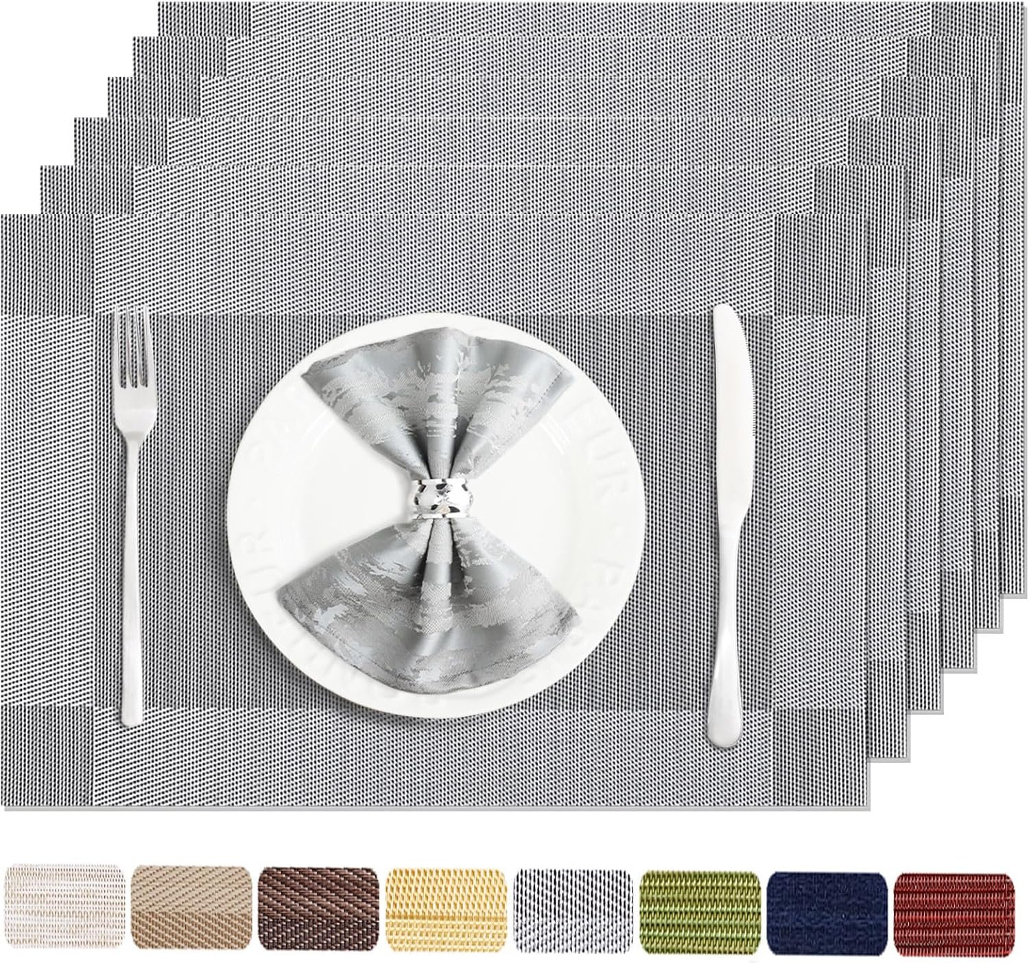 Placemats Set of 6 Washable&Wipeable Silver Place mats for Dining Table Kitchen Indoor Outdoor Table Mats Heat Resistant Non Slip Woven Vinyl Table Placemats (Grey，6PCS)