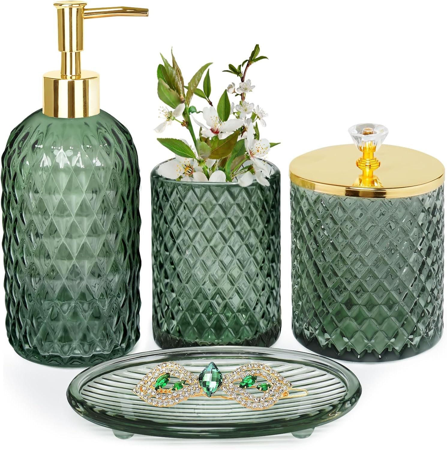 Bathroom Accessories Set, 4Pcs Sage Green Glass Bathroom Accessory Set Complete w/Lotion Soap Dispenser, Toothbrush Holder, Qtip Holder, Soap Dish, Green Bathroom Decor Sets, Gift for Home Apartment