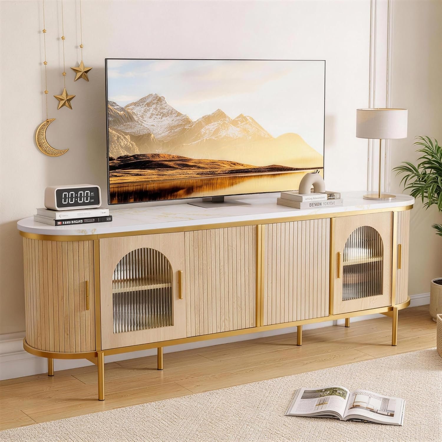 MXV 70″ Fluted TV Stand for TVs up to 80″, Mid Century Modern Entertainment Center with Sliding Doors & Glass Door, TV Console Table with Faux Marble Top for Living Room, Oak