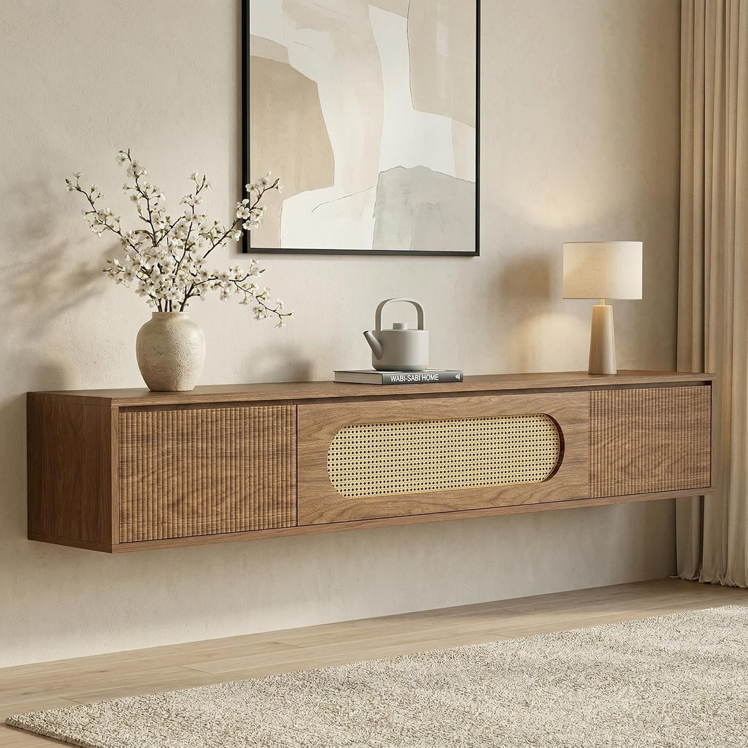 LITTLE TREE 71” Floating TV Stand Wall Mounted, Large Floating TV Stand, Fluted Floating Shelf for Under TV, Modern Media Console with Drawers & Flip-Down Cabinet Doors for Living Room, Bedroom