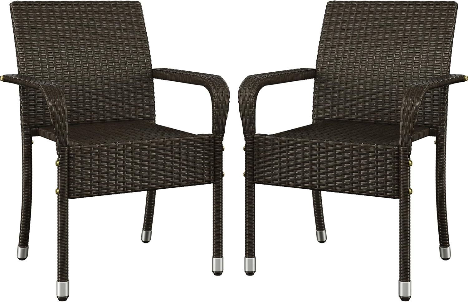 Yaheetech Set of 2 Stackable Outdoor Rattan Dining Chairs, All-Weather Armchair w/Armrests, Steel Frame for Garden, Patio, Deck, Yard, Poolside, Brown