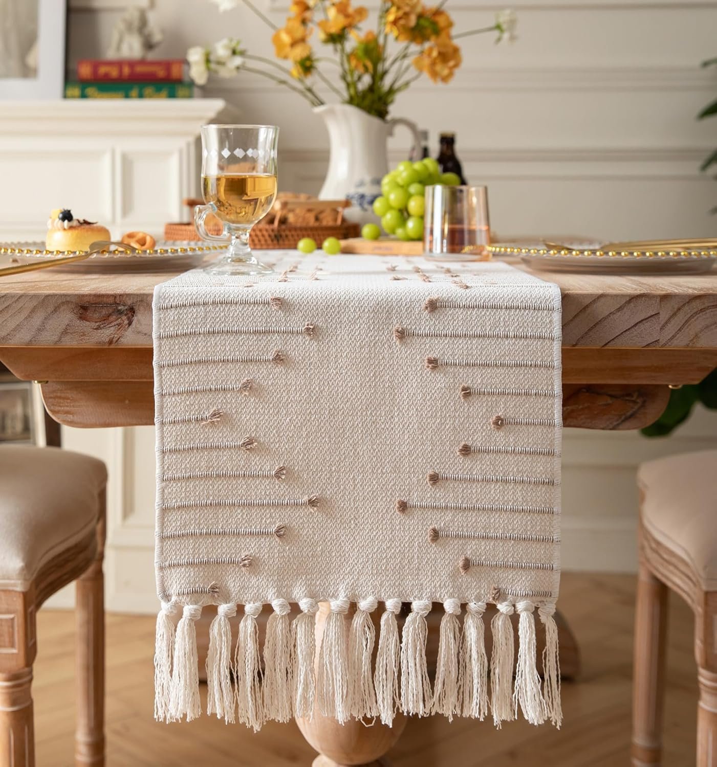Boho Table Runner 13 x 90 Inch Long Natural Cotton Woven Runner with Tassels for Home Dining Table décor, for Modern Farmhouse Decor Coffee Table Runner, Taupe and Beige
